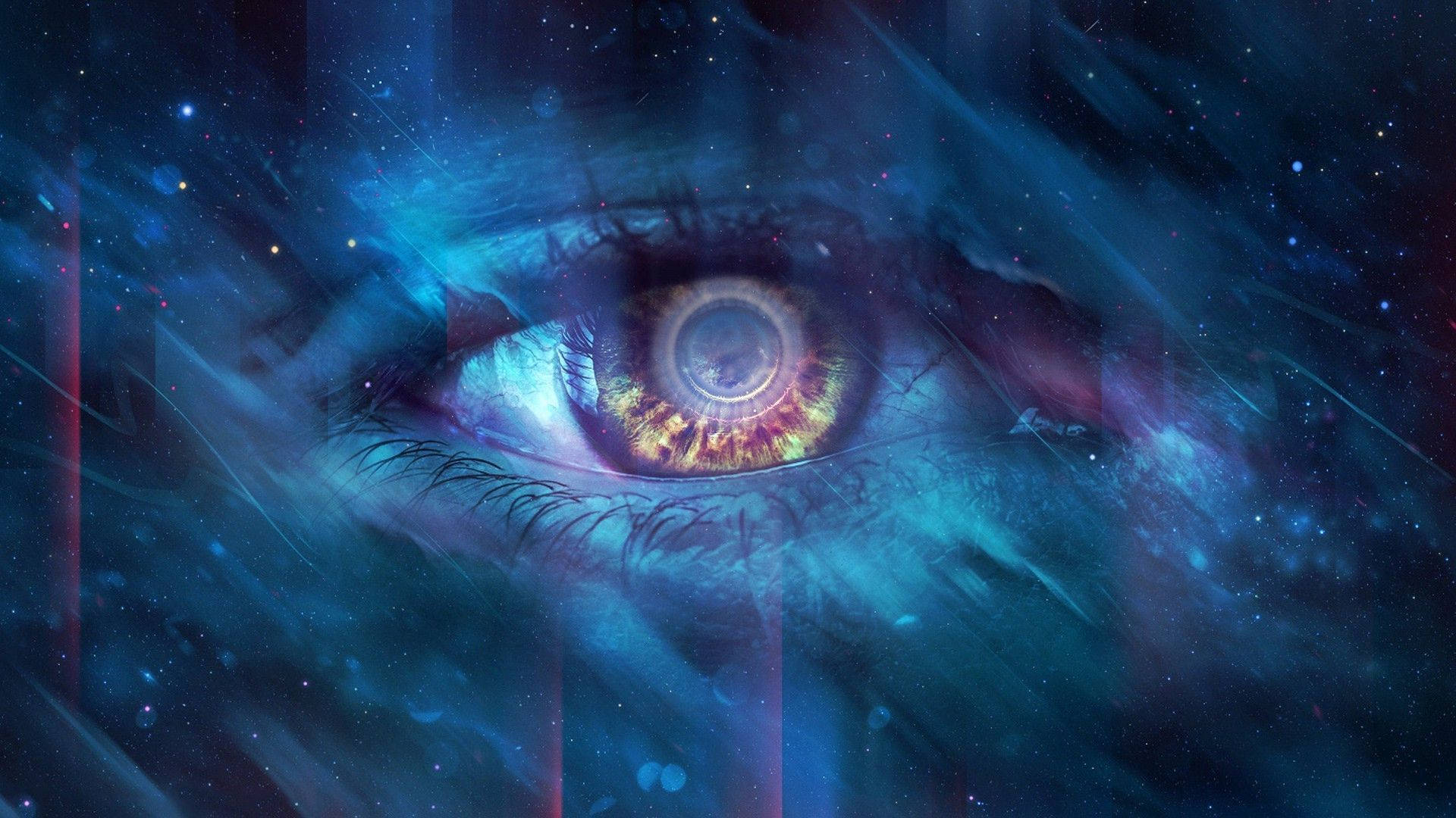 靈性動圖 桌布 壁紙 — 一隻帶有漩渦星雲和星場虹膜的宇宙之眼，凝視著繁星點點的藍色虛空。