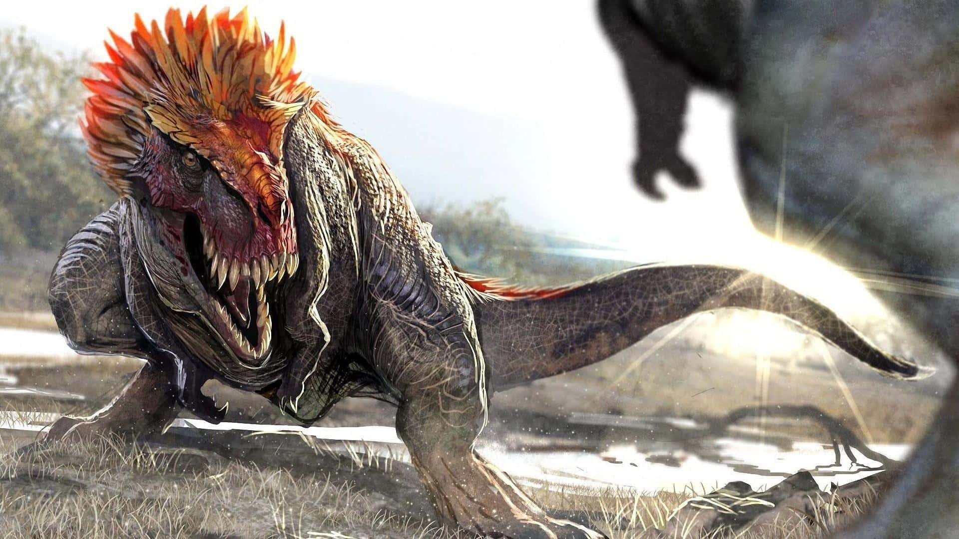 Realistic Dinosaur 桌布 壁紙 — 一隻帶有火橙色冠的兇猛恐龍在陽光明媚的史前田野中向前猛撲。
