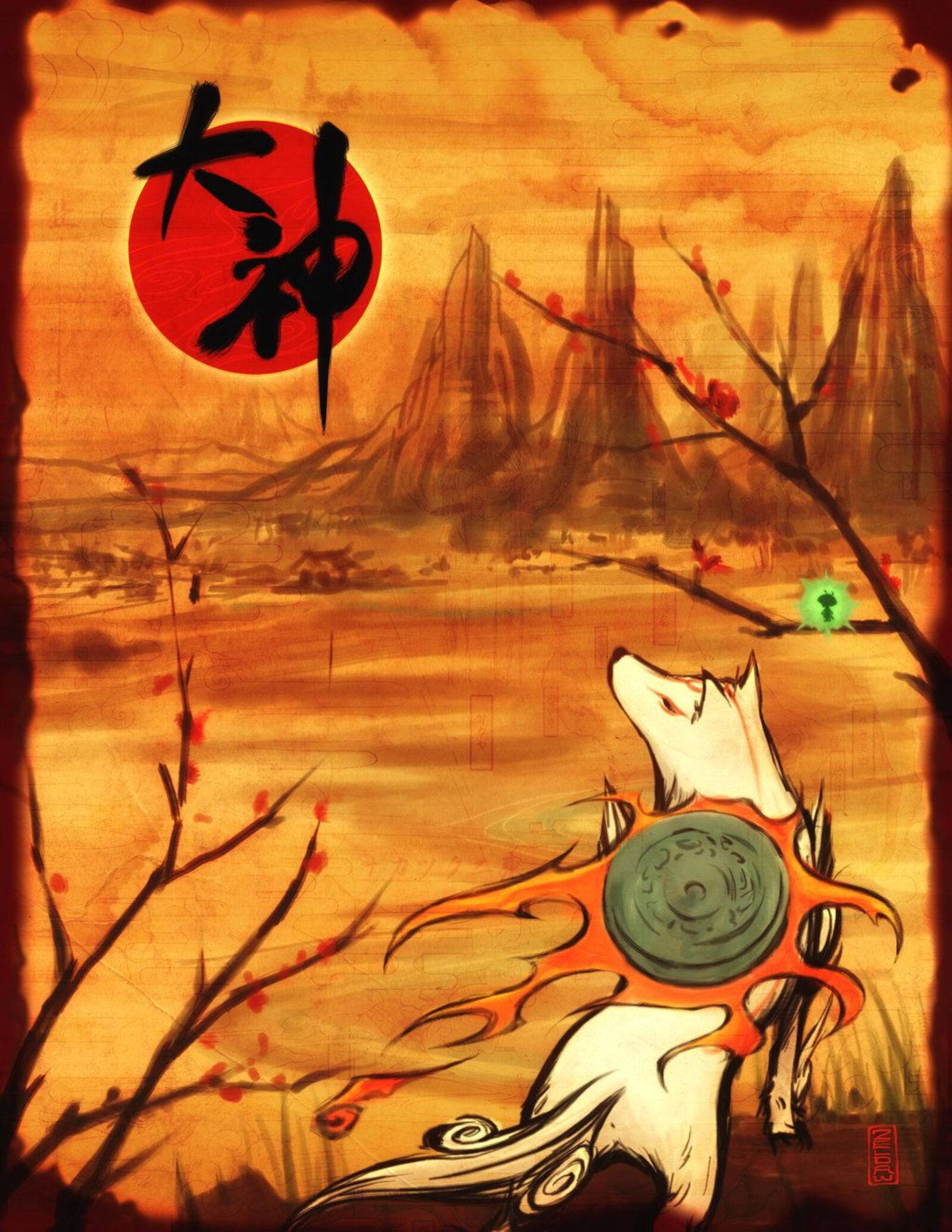 Okami 桌布 壁紙 — 一隻帶有火橙色斑紋和綠色獎章的白狐，在帶有日文字樣的紅日下向上凝視，背景是暖色調的山巒。