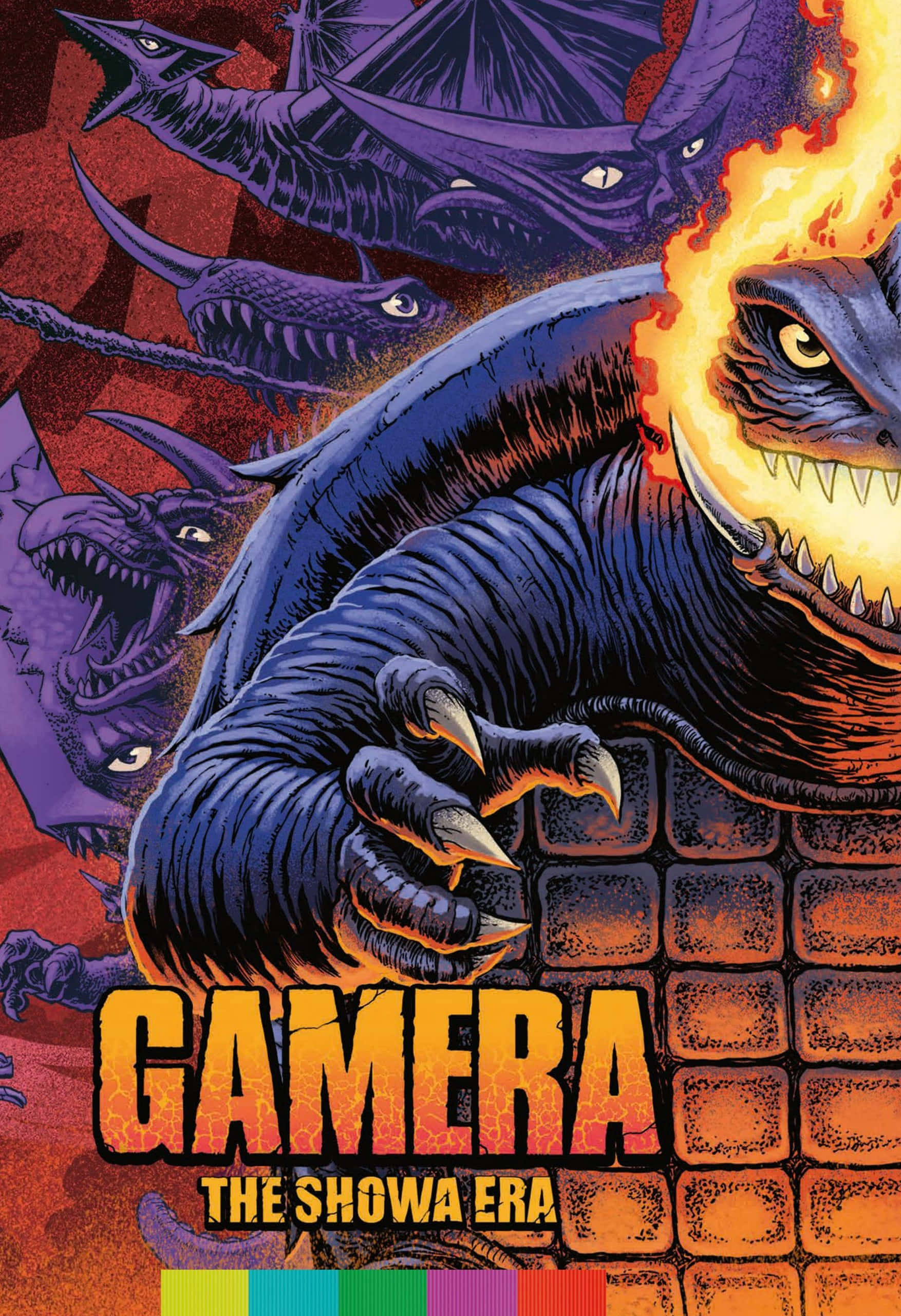 Gamera 桌布 壁紙 — 一隻帶有火焰氣息和鋒利爪子的威脅性藍色怪物，在紅色背景上被紫色怪獸面孔包圍，聳立在磚牆之上。