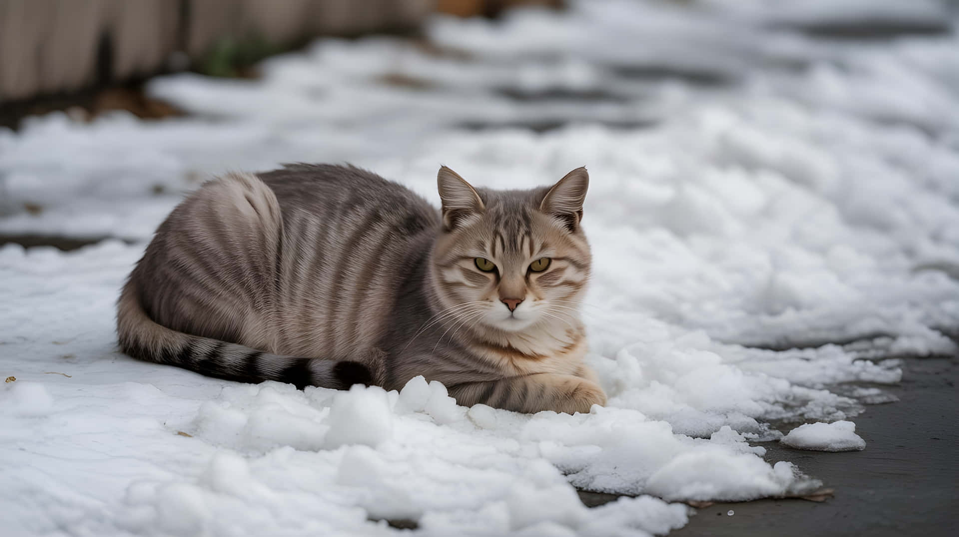 Cute Domestic Cat Relaxing in Winter Snow Wallpaper 壁紙 — 一隻帶有灰色條紋的虎斑貓在鋪砌表面的一小片融雪中平靜地休息。