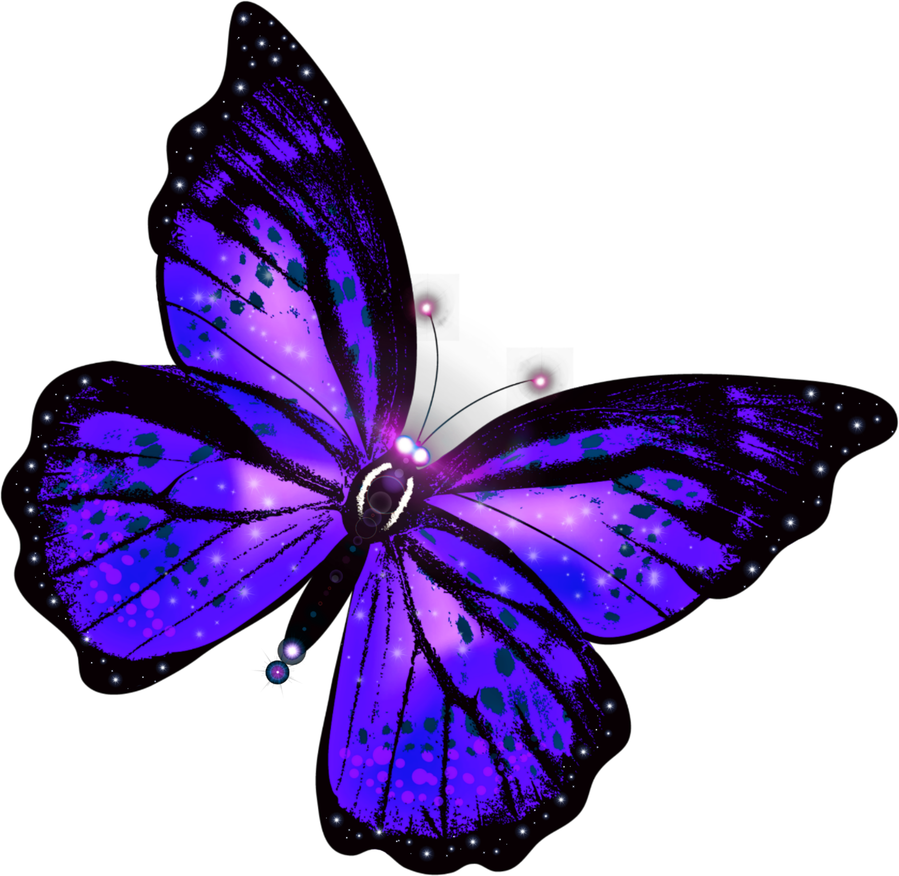 Butterfly Transparent 桌布 壁紙 — 一隻帶有發光斑點和星狀粒子的紫色閃亮蝴蝶在黑色虛空中飛舞。