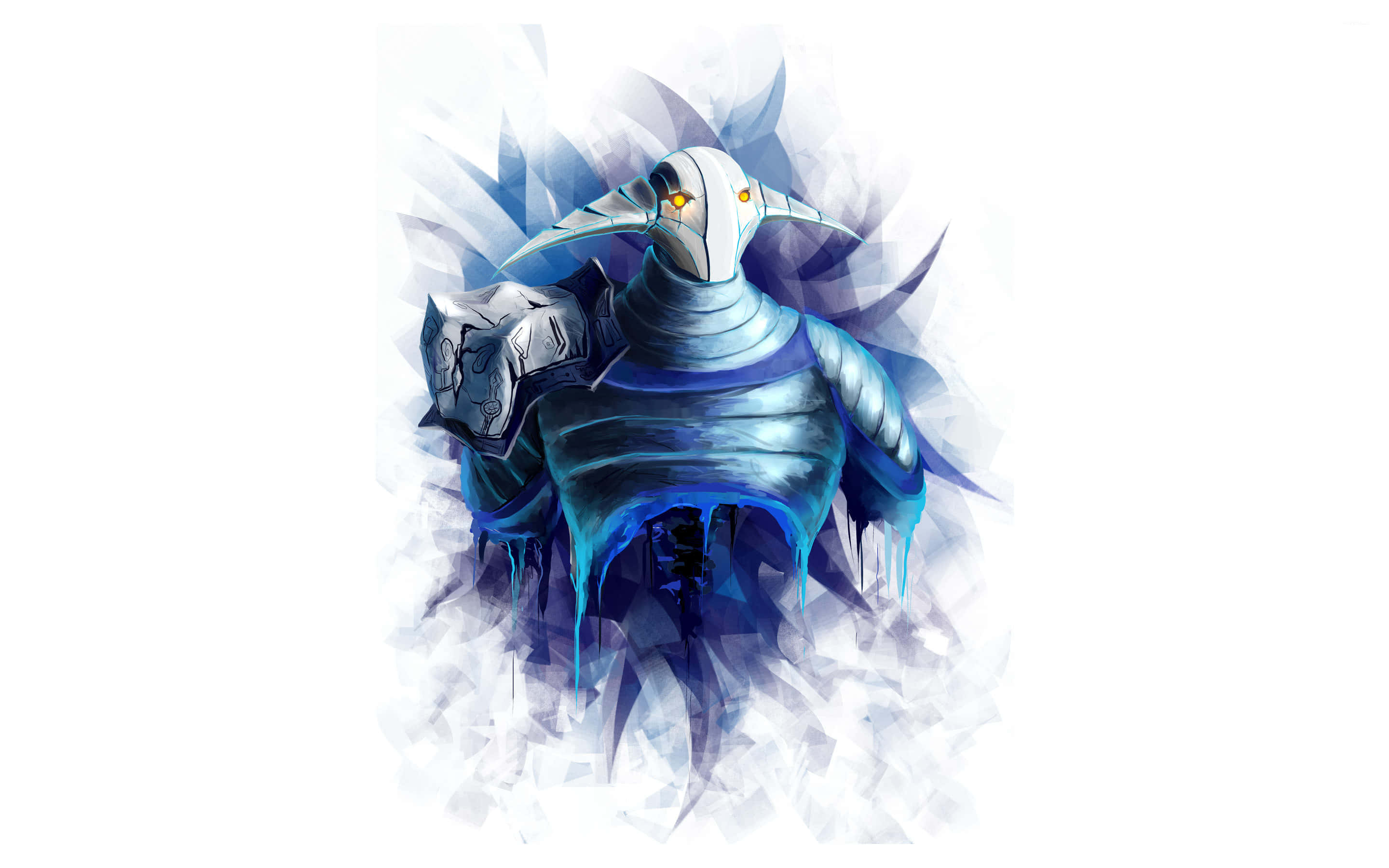 Dota 2 Sven 桌布 壁紙 — 一隻帶有發光橙色眼睛和冰滴的威脅性藍色裝甲鳥類生物，從冰冷的爆發中出現。