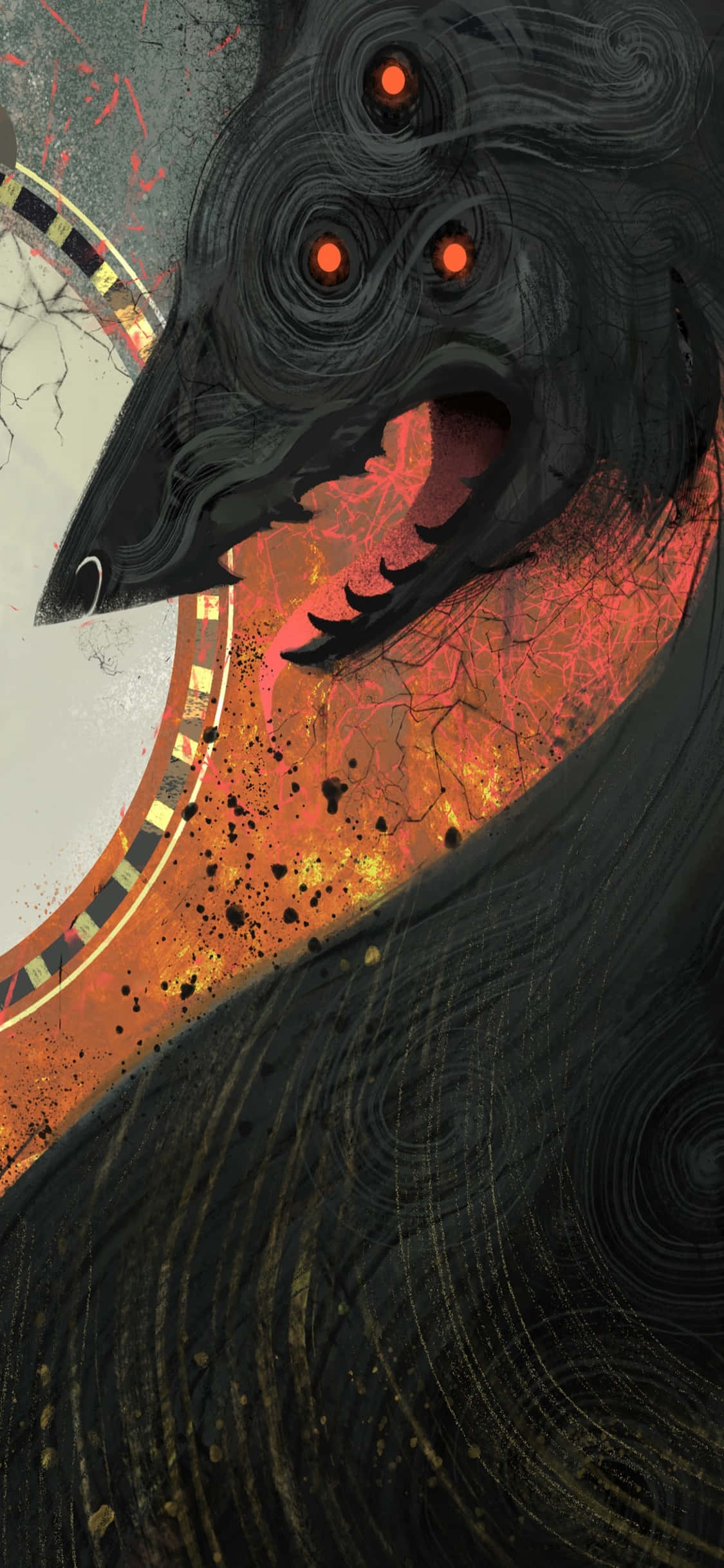 iPhone Xs Dragon Age Inquisition 桌布 壁紙 — 一隻帶有發光橙色眼睛和尖銳喙的威脅性黑鳥，從旋轉的深色羽毛中浮現，背景是火橙色和裂紋。
