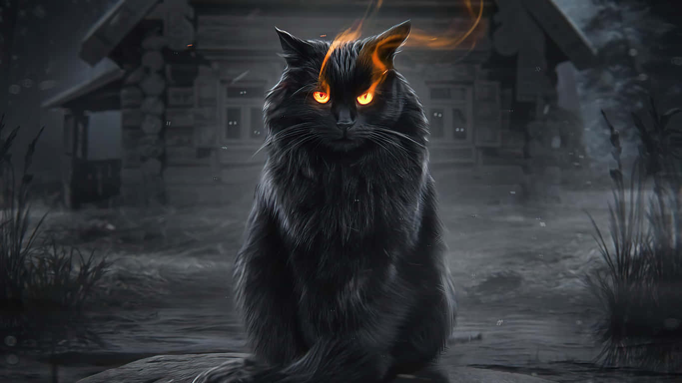 Cat Eyes 桌布 壁紙 — 一隻帶有發光橙色眼睛和火焰耳朵的威脅性黑貓，坐在霧氣瀰漫、陰森森林中的一間黑暗木屋前。