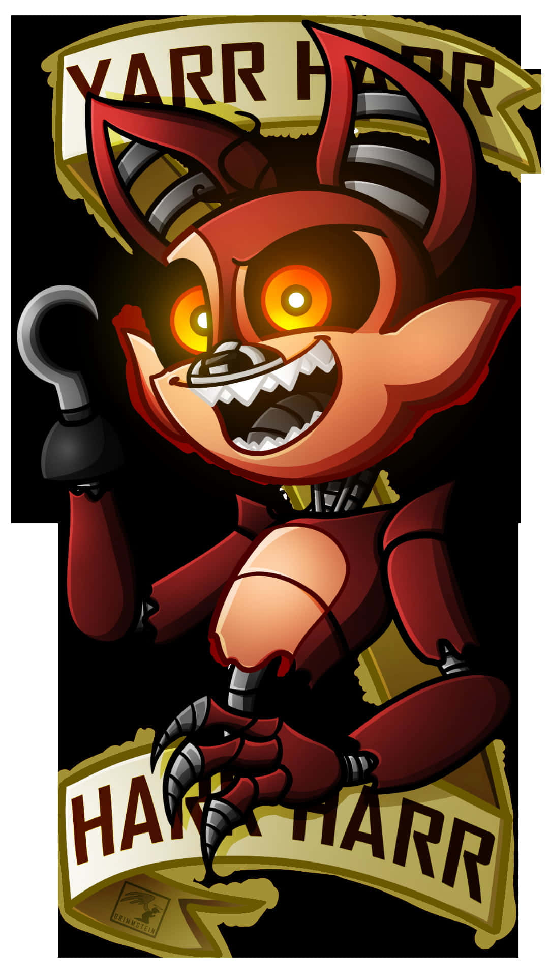 Foxy 桌布 壁紙 — 一隻帶有發光橙色眼睛和鉤手的威脅性紅色狐狸電子動畫在「HARR HARR」橫幅下擺姿勢。