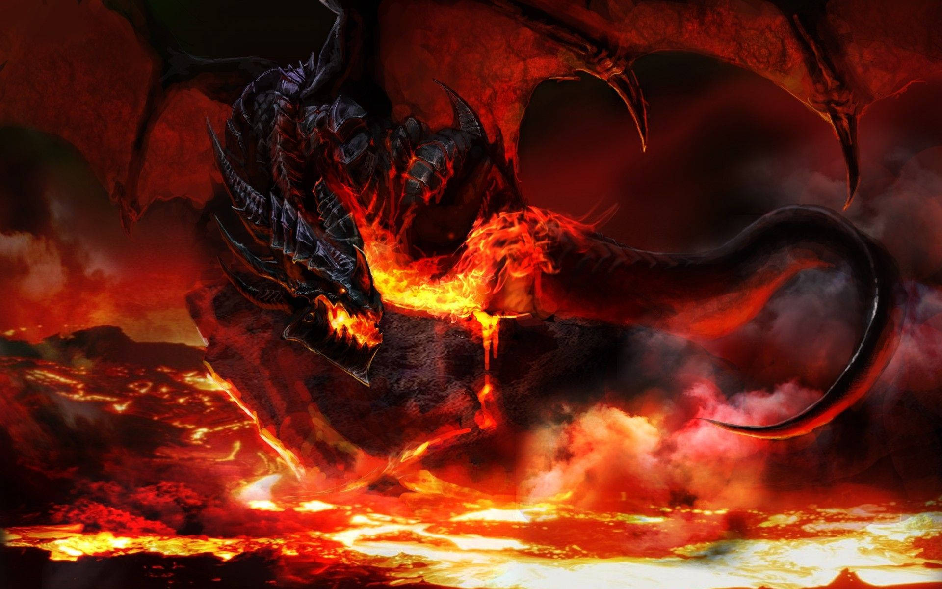 Cool Dragon 桌布 壁紙 — 一隻帶有發光橙色眼睛的威嚇性黑色巨龍在充滿熔岩的火山景觀上噴火。