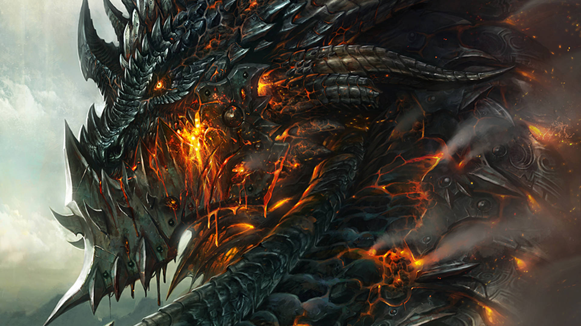 Coolest Dragon 桌布 壁紙 — 一隻帶有發光橙色眼睛的威脅性黑暗巨龍，熔岩在其裝甲鱗片間流動，背景是暴風雨的天空。