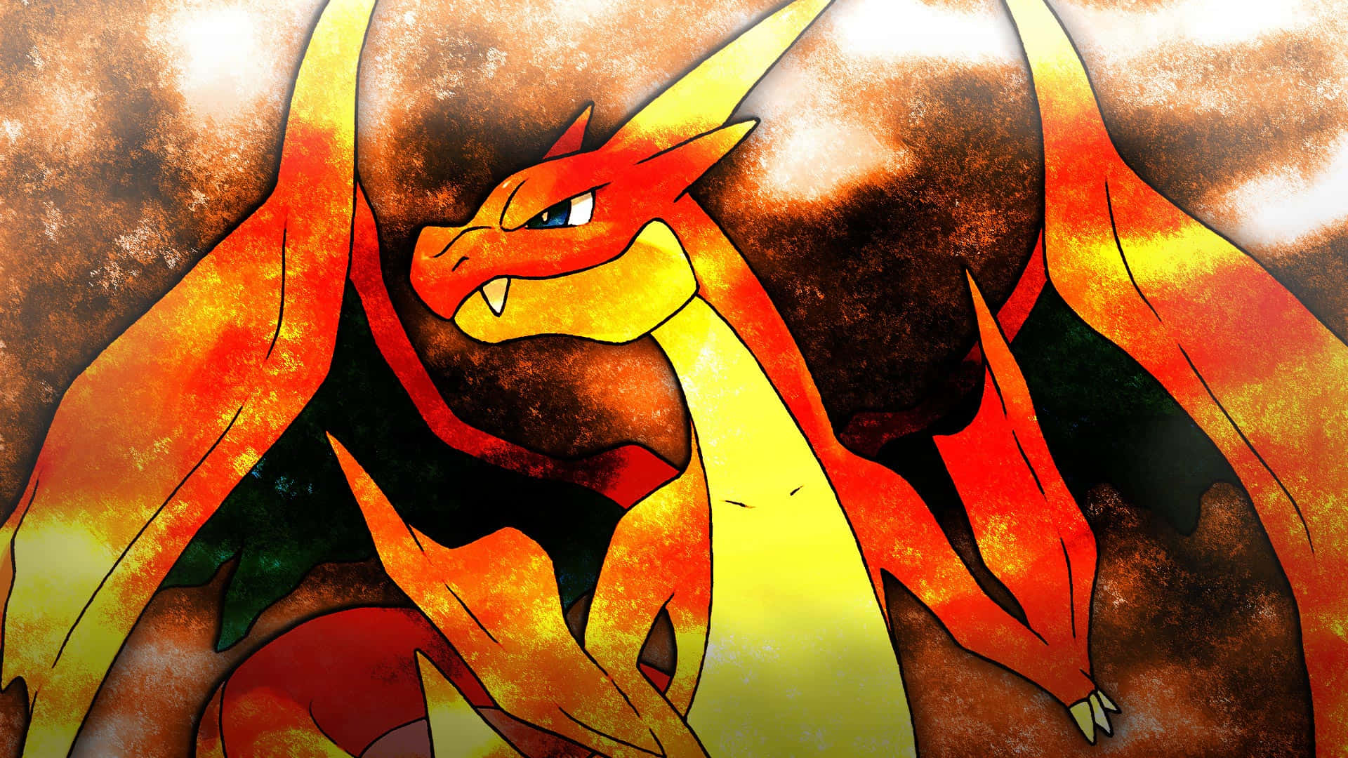 Pokemon Charizard 桌布 壁紙 — 一隻帶有發光橙色翅膀和鋒利爪子的火焰巨龍，在煙霧繚繞、熔岩般的背景中咆哮。