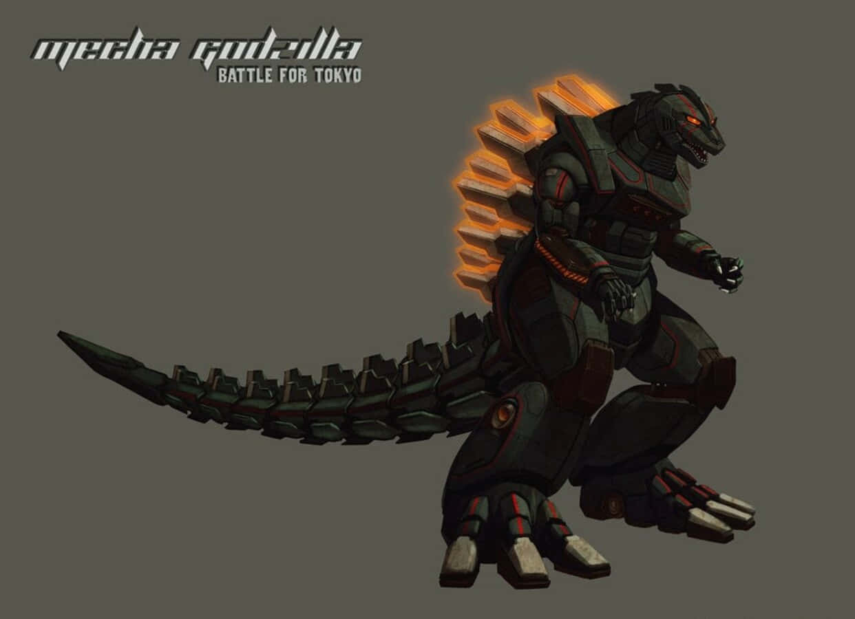 mechagodzilla 桌布 壁紙 — 一隻帶有發光橙色背鰭的威脅性機械哥吉拉，以備戰姿勢站在純灰色背景前。