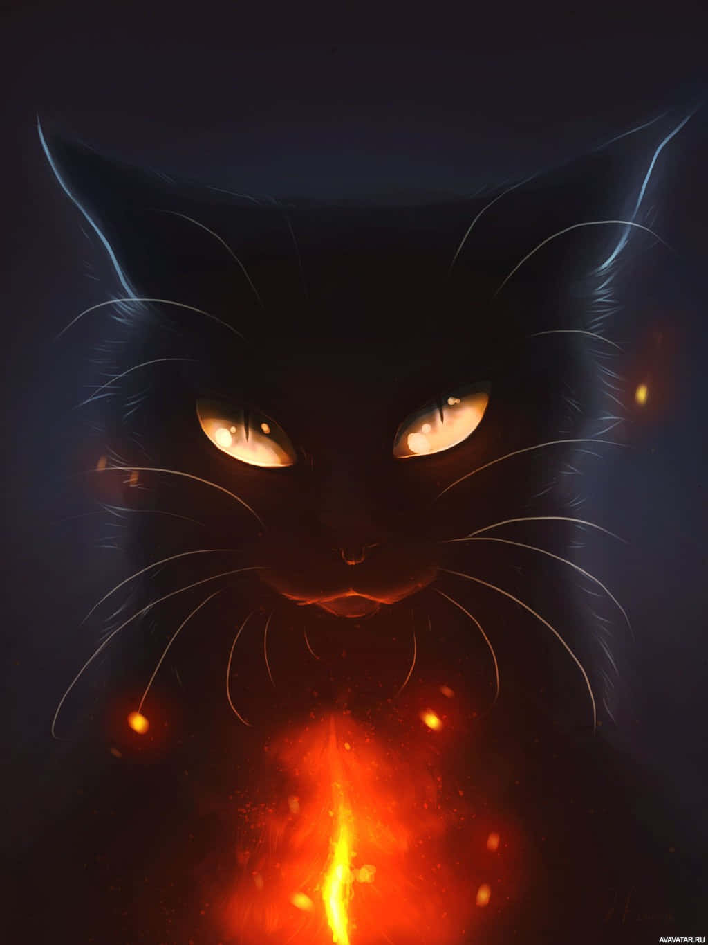 Cat Eyes 桌布 壁紙 — 一隻帶有發光琥珀色眼睛和從胸口噴出熾熱橙色火焰的威脅性黑貓，背景為黑暗。