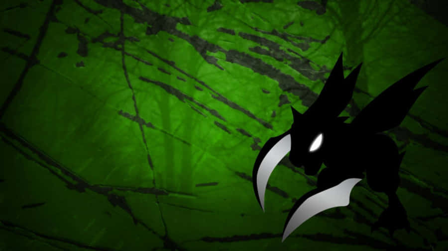 Scyther 桌布 壁紙 — 一隻帶有發光白色眼睛和鋒利爪子的黑色龍剪影，從裂開的綠色背景中出現，充滿威脅感。