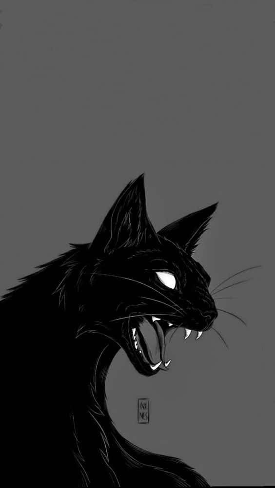 Black Cat Halloween 桌布 壁紙 — 一隻帶有發光白色眼睛和露出尖牙的威脅性黑貓，在純灰色背景下兇狠地凝視。