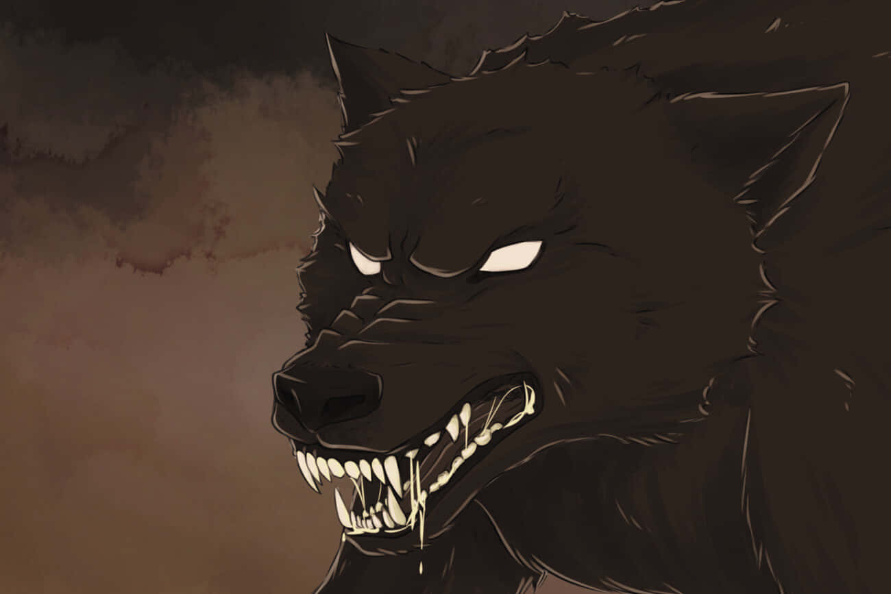Wolf Art 桌布 壁紙 — 一隻帶有發光白色眼睛和露出牙齒的威脅性黑狼，在黑暗煙霧背景中咆哮。