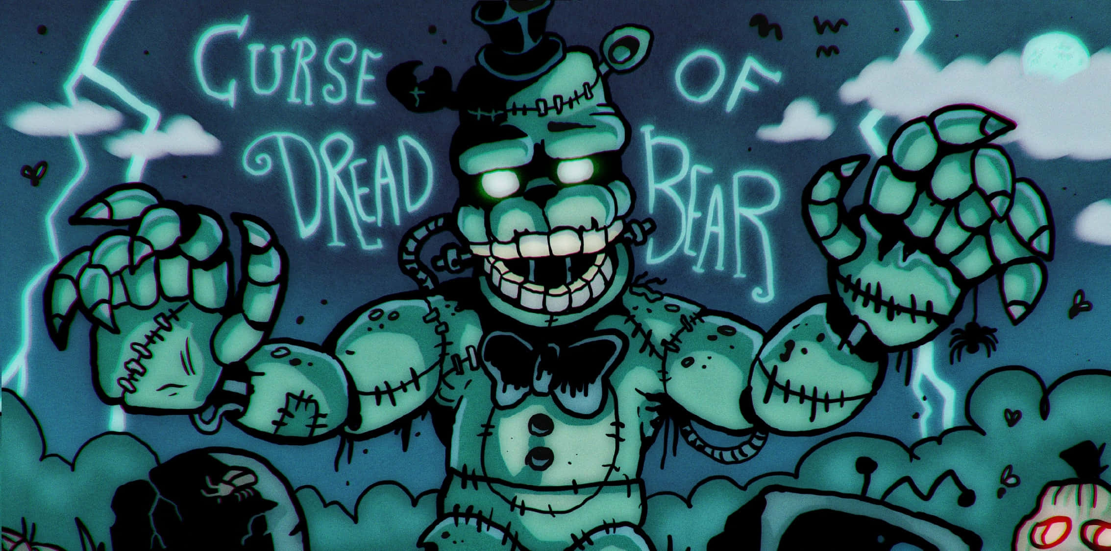 Dreadbear 桌布 壁紙 — 一隻帶有發光眼睛和利爪的縫合機械熊，在雷電交加的暴風雨天空下若隱若現，並帶有文字 Curse of Dread Bear。