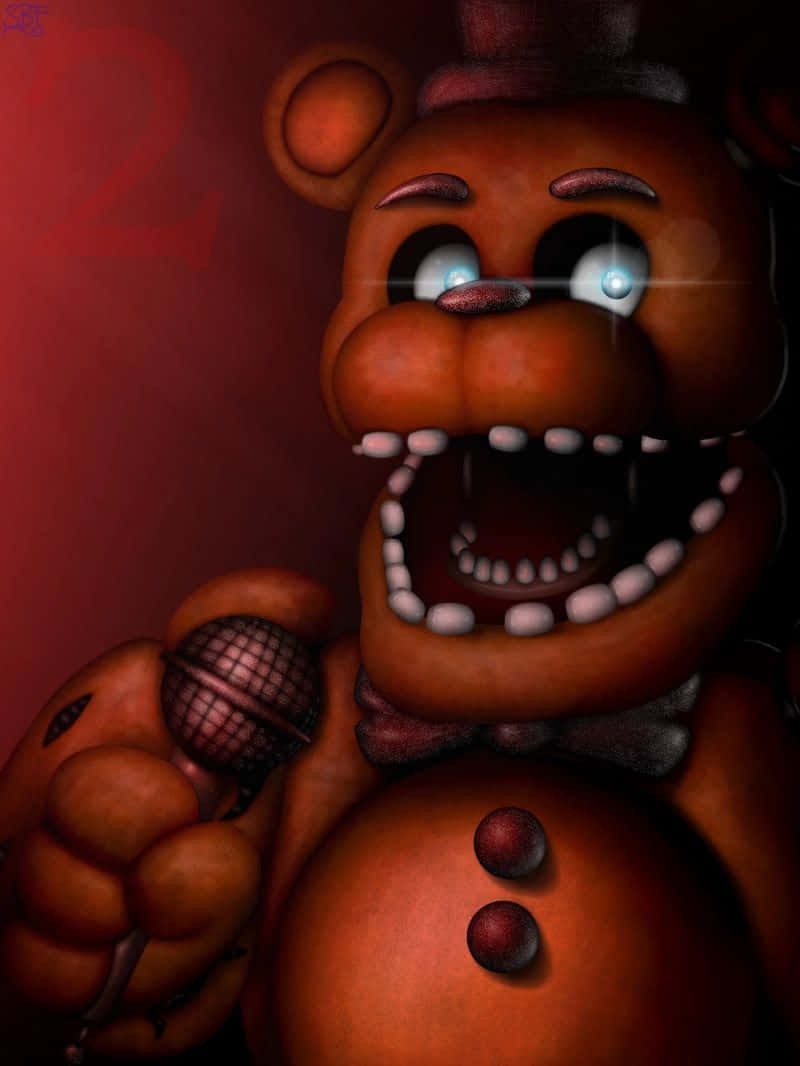 Freddy 桌布 壁紙 — 一隻帶有發光眼睛和咧嘴露齒笑容的恐怖機械熊，在深紅色背景前手持麥克風。