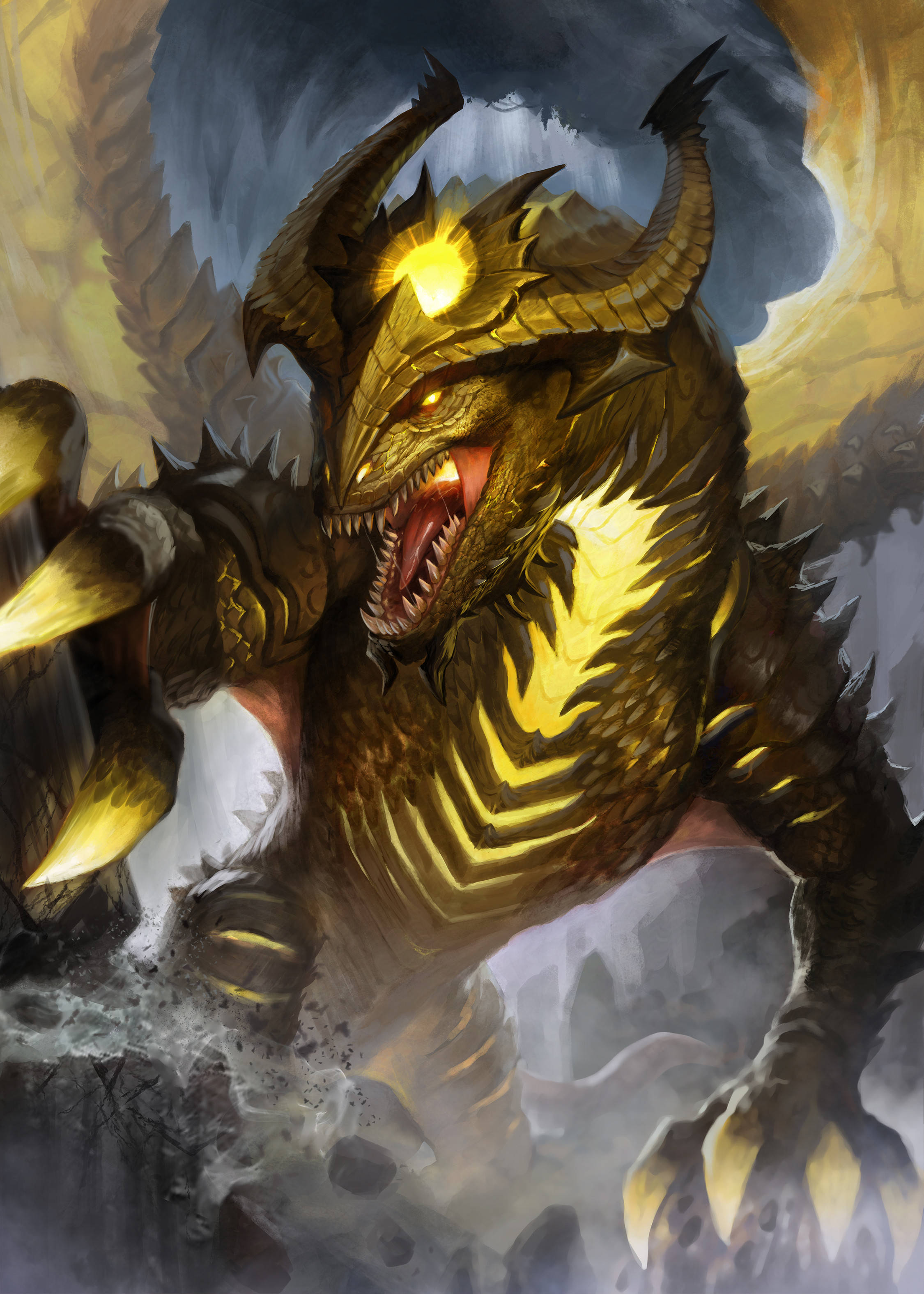 Gold Dragon 桌布 壁紙 — 一隻帶有發光眼睛和尖刺鱗片的威嚇金色龍在暴風雲和破碎的石頭中咆哮。