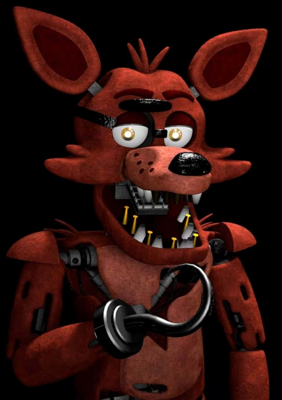 Foxy The Pirate 桌布 壁紙 — 一隻帶有發光眼睛和尖銳牙齒的威脅性紅色電子狐狸，在黑色背景前拿著一個金屬鉤。