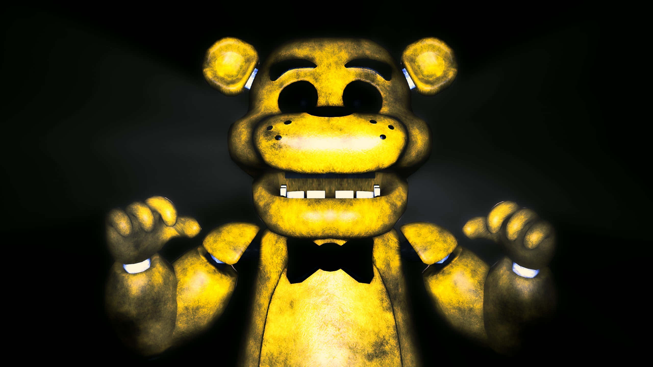 Freddy Fazbear 桌布 壁紙 — 一隻帶有發光眼睛和尖銳牙齒的威脅性黃色電子熊，站在深色背景前。