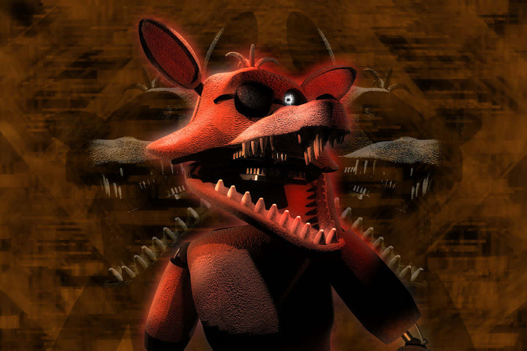 Foxy 桌布 壁紙 — 一隻帶有發光眼睛和尖銳牙齒的威脅性紅色電子動畫狐狸，在扭曲的棕色背景上若隱若現。