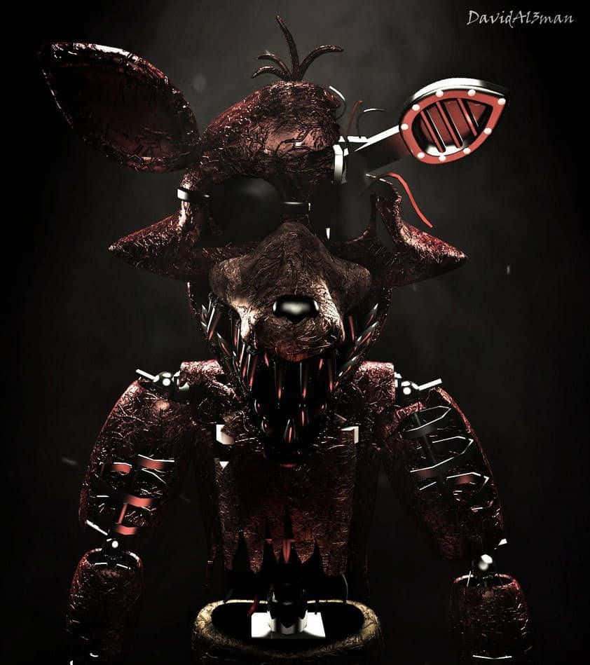 Fnaf Foxy 桌布 壁紙 — 一隻帶有發光眼睛和尖銳牙齒的威脅性深紅色電子兔，站立在陰暗的工業環境中。