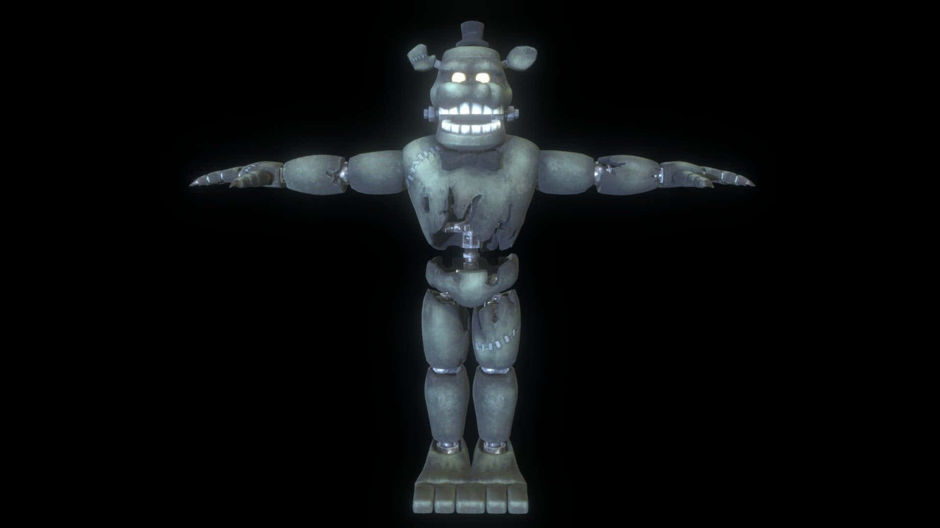 Dreadbear 桌布 壁紙 — 一隻帶有發光眼睛和尖銳牙齒的威脅性電子熊站在黑色背景前。