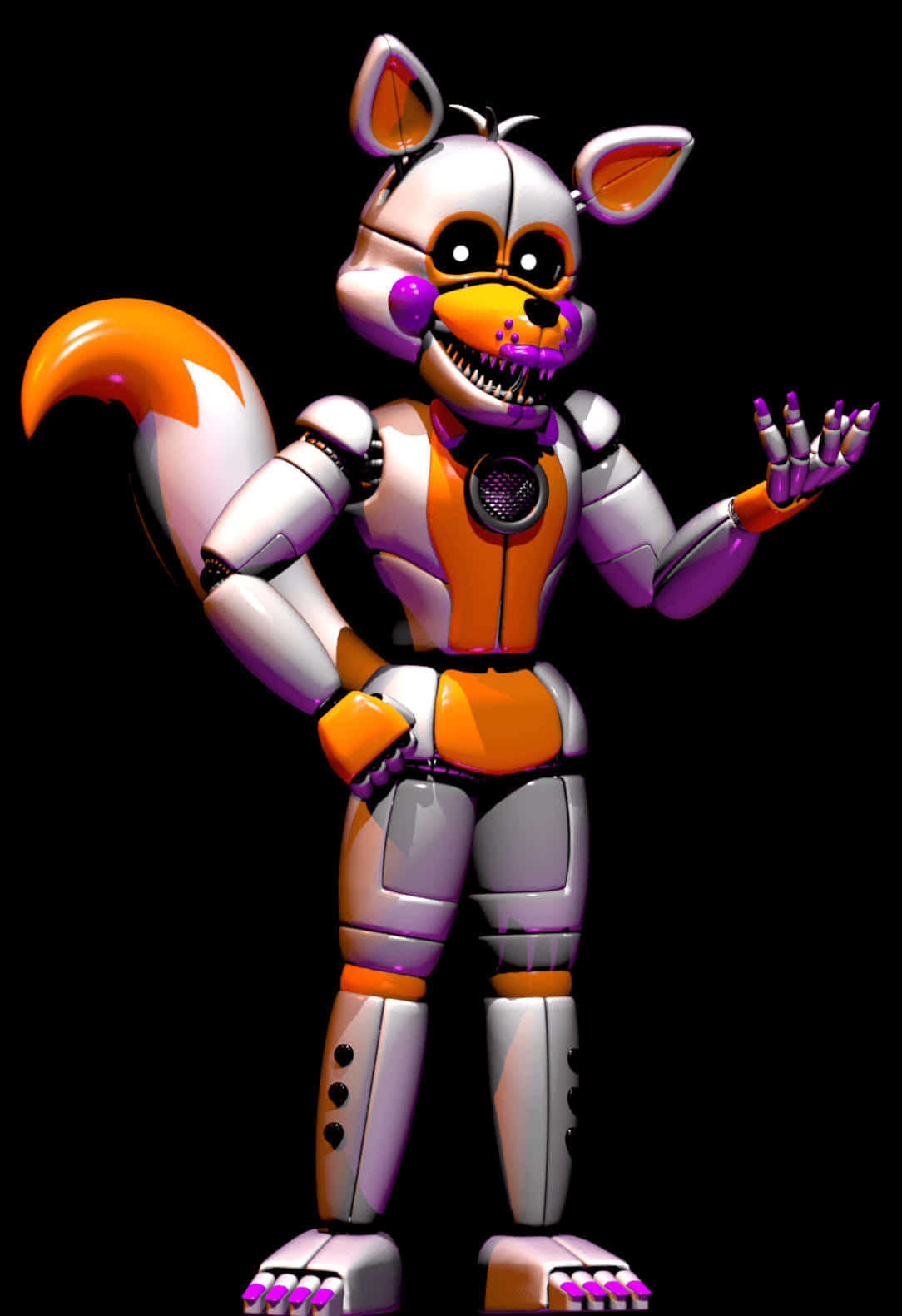 Lolbit 桌布 壁紙 — 一隻帶有發光眼睛和尖銳牙齒的威脅性電子狐狸站在黑色背景前。