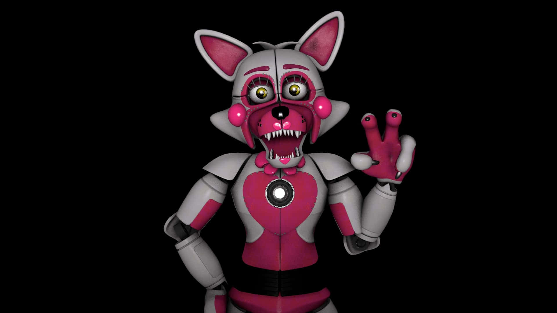 Funtime Foxy 桌布 壁紙 — 一隻帶有發光眼睛和尖銳牙齒的粉紅色和灰色威脅性電子狐狸在黑色背景上揮手。
