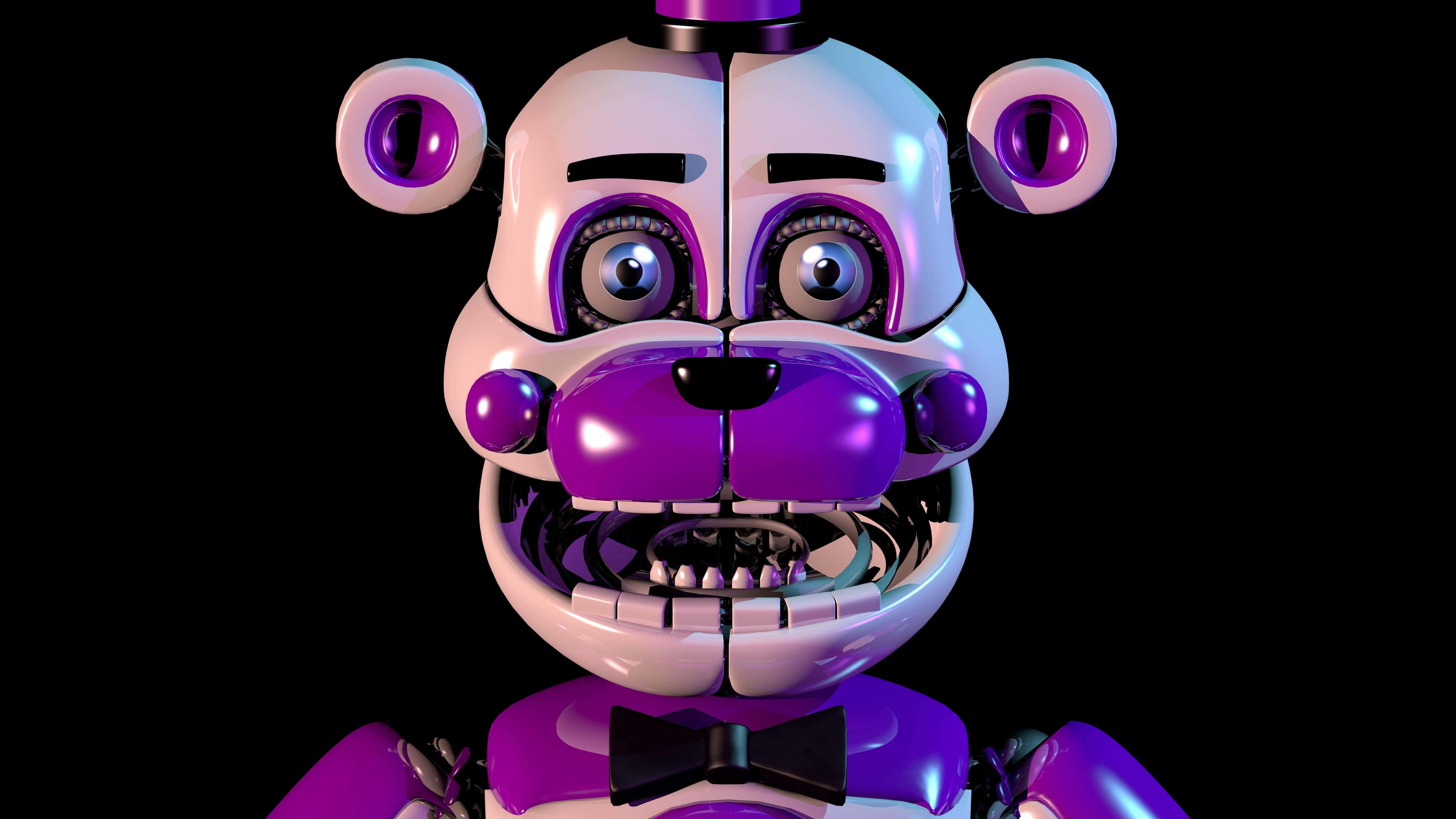 Funtime Freddy 桌布 壁紙 — 一隻帶有發光眼睛和尖銳牙齒的紫色機械熊，在黑色背景前凝視著。