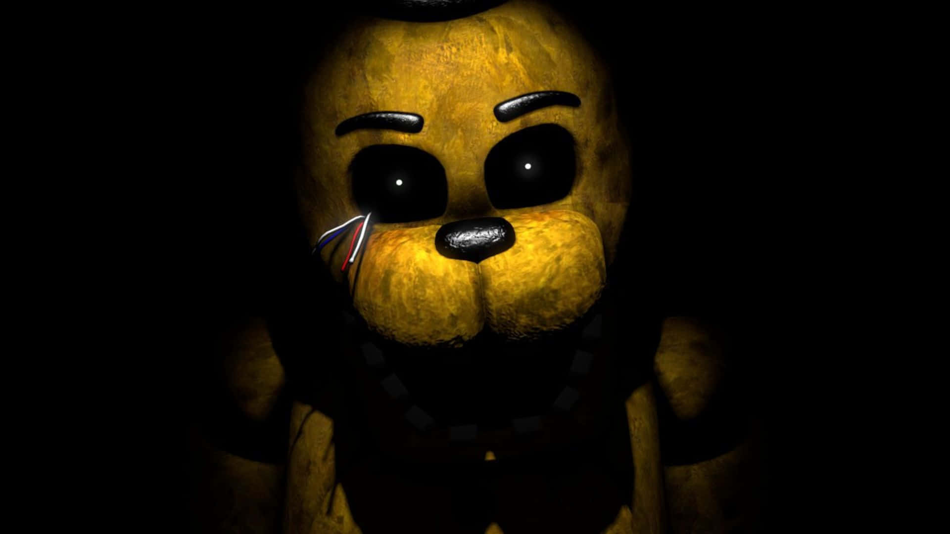 Fnaf Jumpscare 桌布 壁紙 — 一隻帶有發光眼睛和撕裂嘴巴的威脅性黃色電子熊，在黑暗中站立，被單一聚光燈照亮。