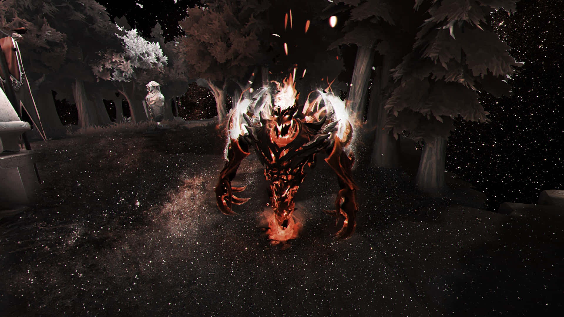 Shadow Fiend 桌布 壁紙 — 一隻帶有發光眼睛和爪子的火焰惡魔生物，在繁星點點的夜空下穿過黑暗的森林。