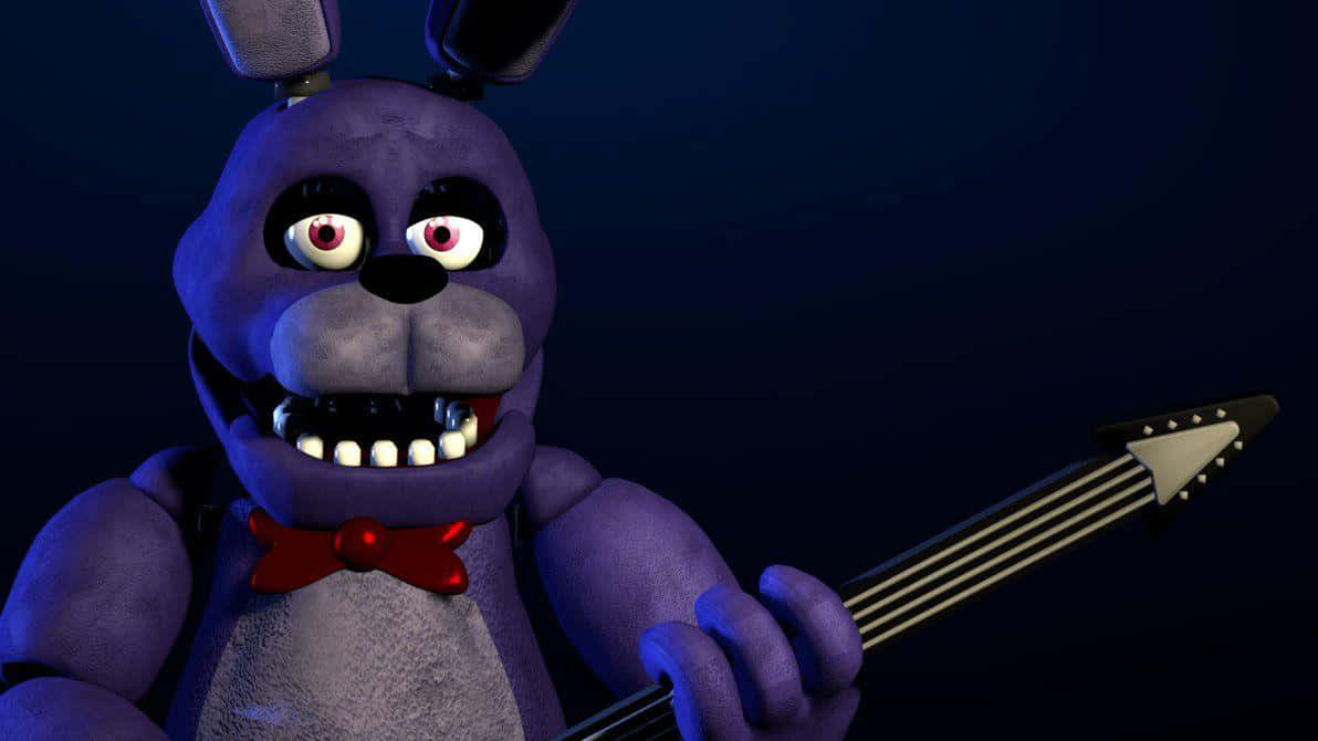 Bonnie The Bunny 桌布 壁紙 — 一隻帶有發光眼睛和紅色領結的威脅性紫色電子兔，在深藍色背景前拿著一把黑色吉他。