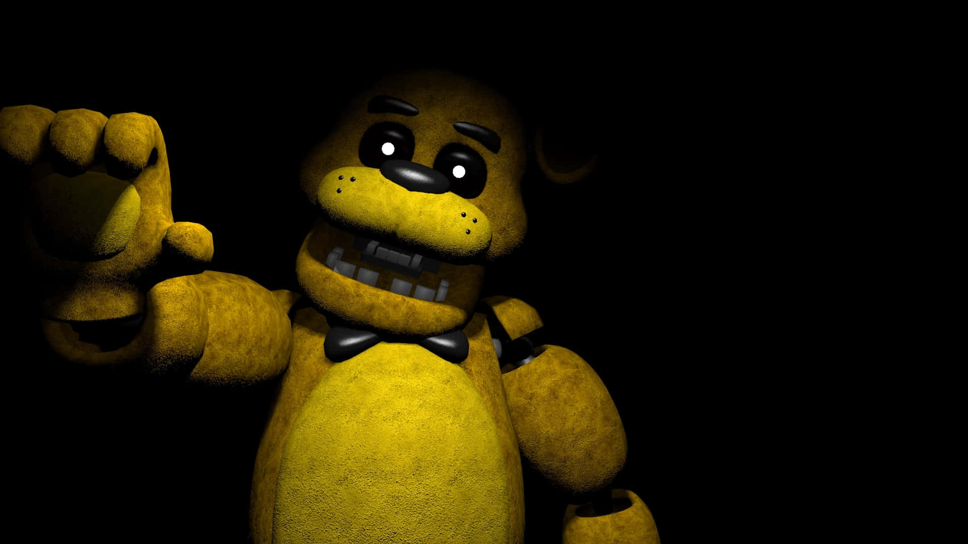 Golden Freddy 桌布 壁紙 — 一隻帶有發光眼睛和蝴蝶結的威脅性黃色電子熊，在黑色背景前伸手向前。