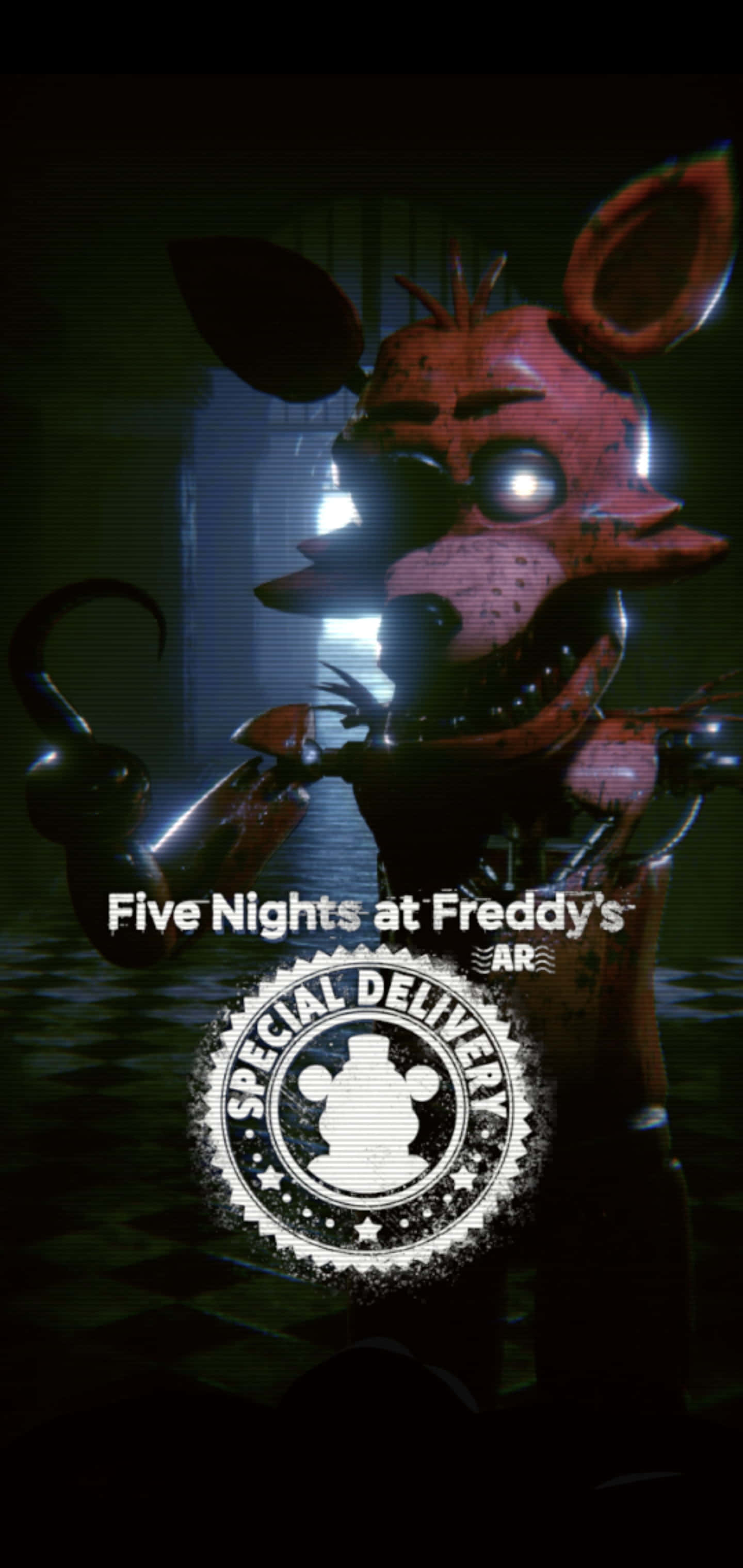 Foxy The Pirate 桌布 壁紙 — 一隻帶有發光眼睛和鉤子手的威脅性電子動畫狐狸，潛伏在一個黑暗、陰森的房間裡，地板是棋盤格紋，並有「Special Delivery」標誌。