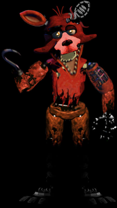 Foxy 桌布 壁紙 — 一隻帶有發光眼睛和鉤手的威脅性紅色電子狐狸站在黑色背景前。