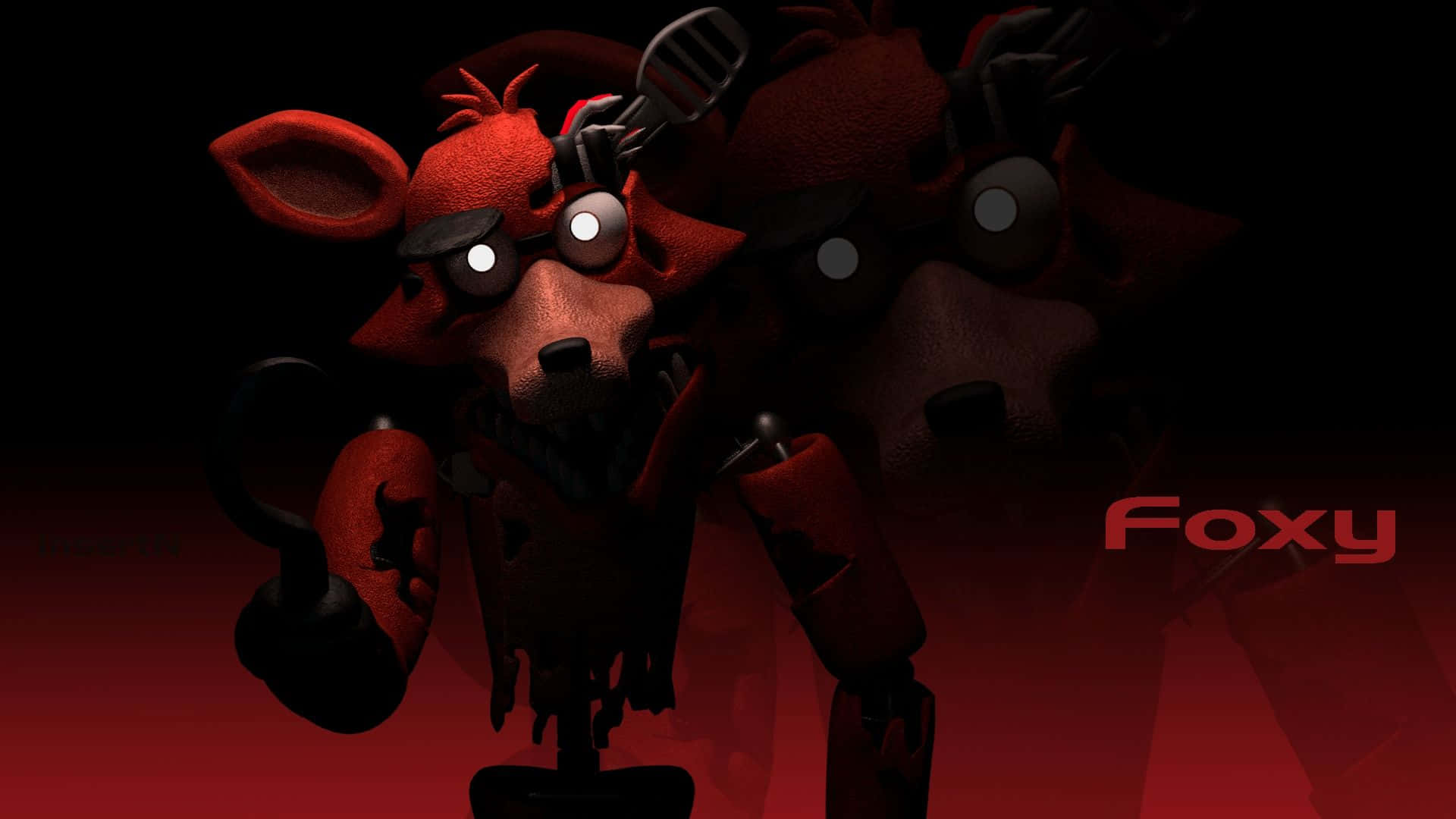 Foxy 桌布 壁紙 — 一隻帶有發光眼睛和鉤手的威脅性紅色電子動畫狐狸，站在陰暗的黑暗中，背景是血紅色漸變。