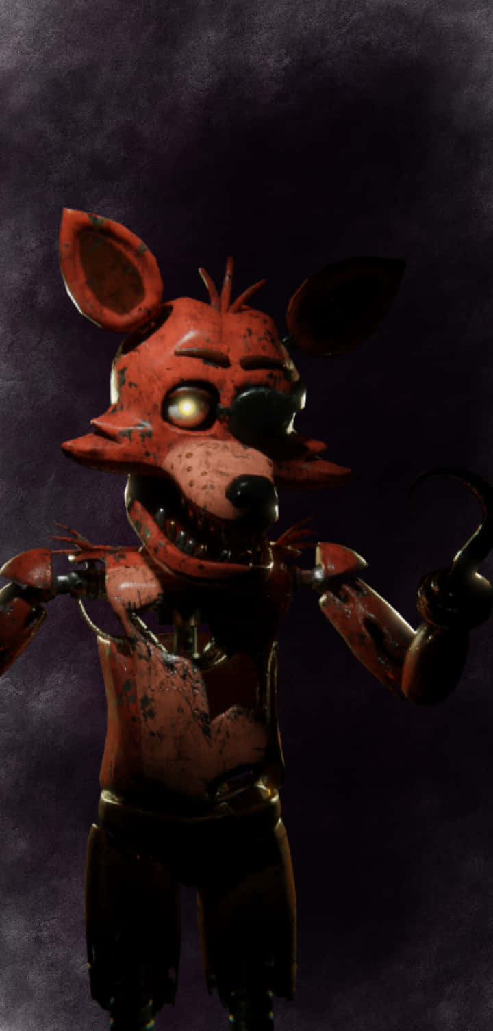 Foxy 桌布 壁紙 — 一隻帶有發光眼睛和鉤手的威脅性紅色電子狐狸，站在黑暗煙霧繚繞的背景前。