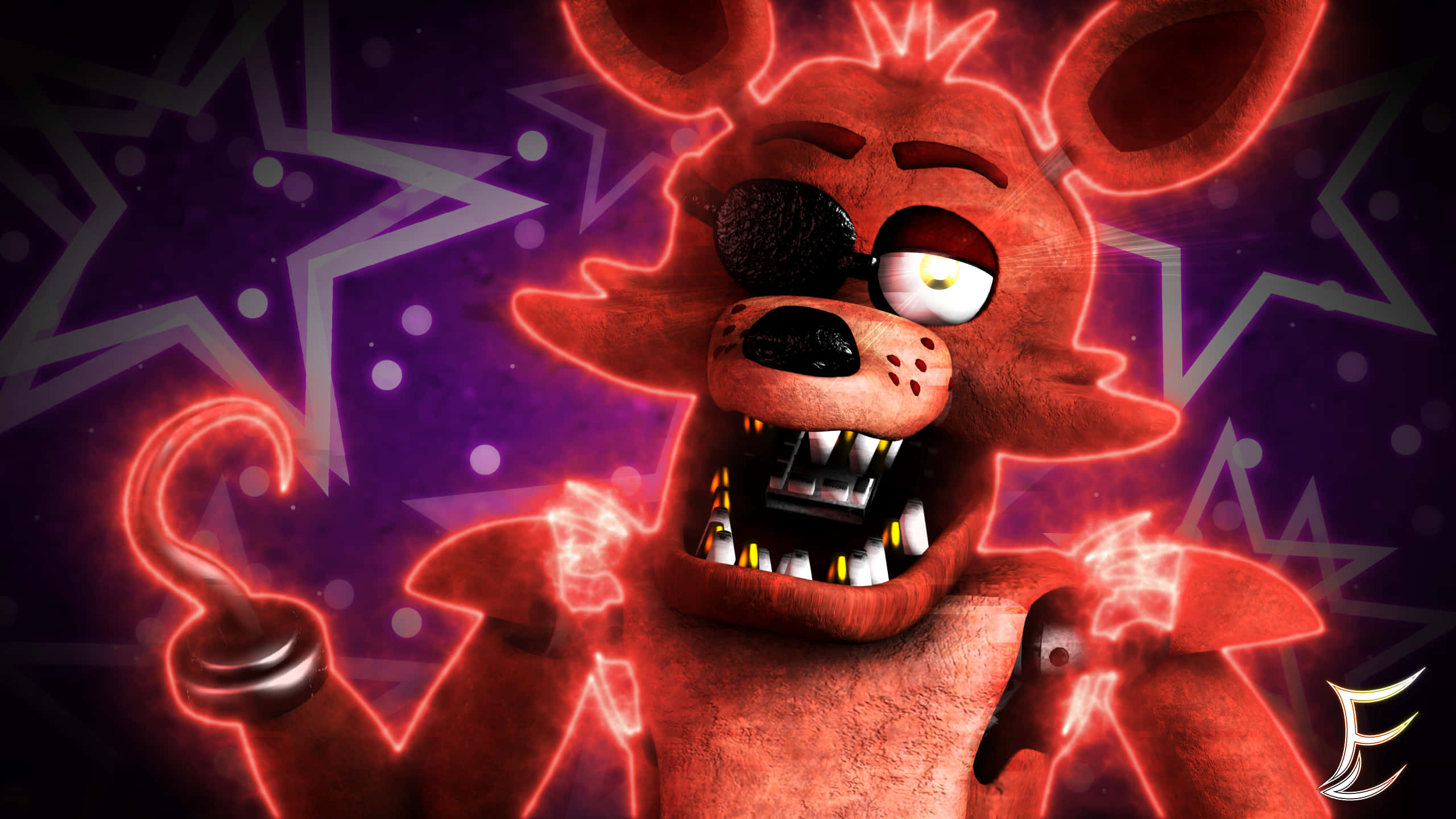 Foxy 桌布 壁紙 — 一隻帶有發光眼睛和鉤手的紅色機械狐狸在紫色星空背景下發光。