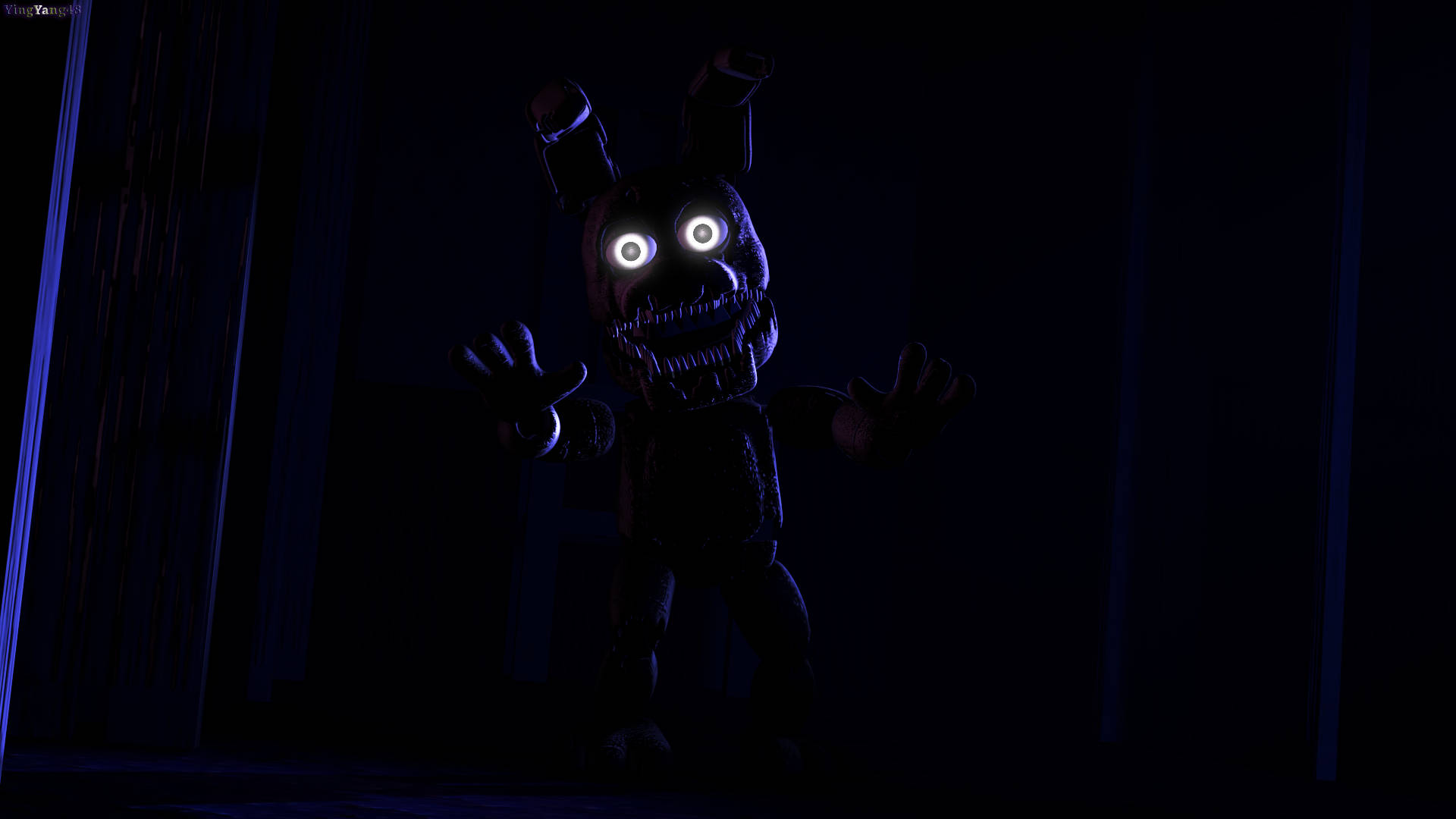 nightmare 桌布 壁紙 — 一隻帶有發光眼睛和鋒利牙齒的威脅性電子動畫兔子，站在被詭異藍光照亮的黑暗房間中。