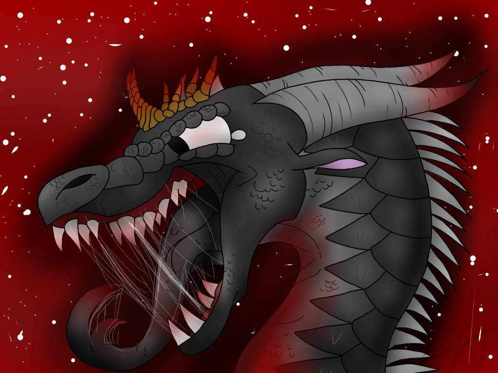 Cartoon 桌布 壁紙 — 一隻帶有發光眼睛和鋒利牙齒的威脅性黑色巨龍，對著血紅色的星空背景咆哮。