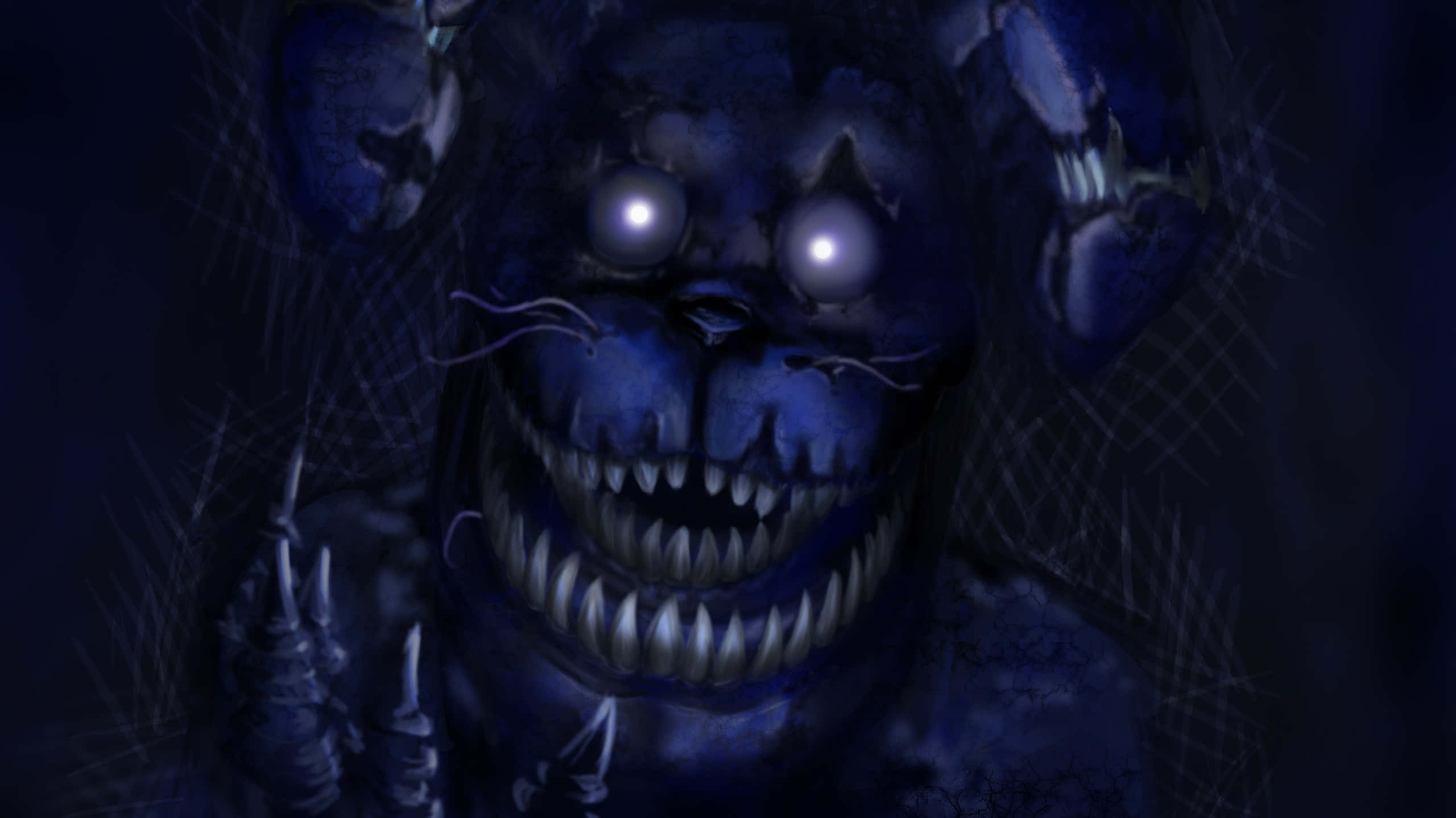 Scary Fnaf 桌布 壁紙 — 一隻帶有發光眼睛和鋒利牙齒的威脅性藍色電子熊潛伏在黑暗中。