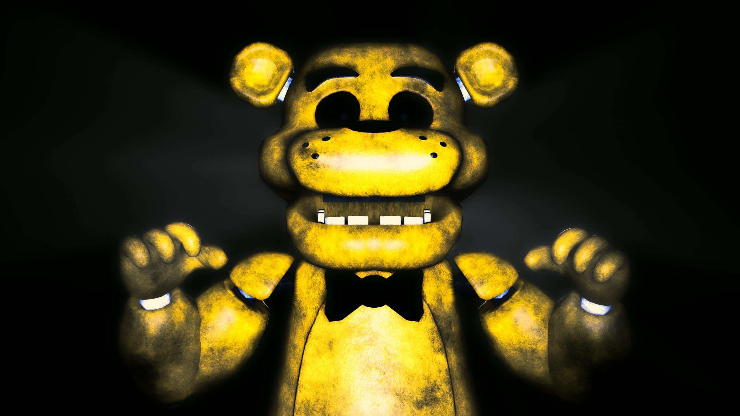 Freddy 桌布 壁紙 — 一隻帶有發光眼睛和鋒利牙齒的威脅性黃色電子熊，站在黑暗背景前。