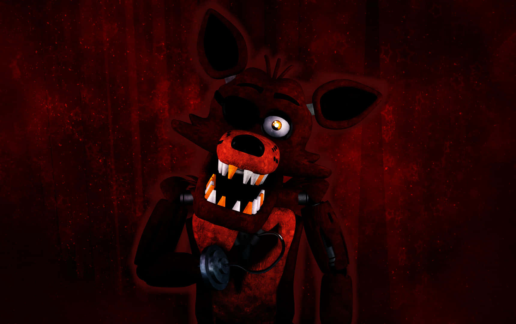 Foxy 桌布 壁紙 — 一隻帶有發光眼睛和鋒利牙齒的威脅性電子動畫狐狸，站在暗紅色的粗糙環境中。