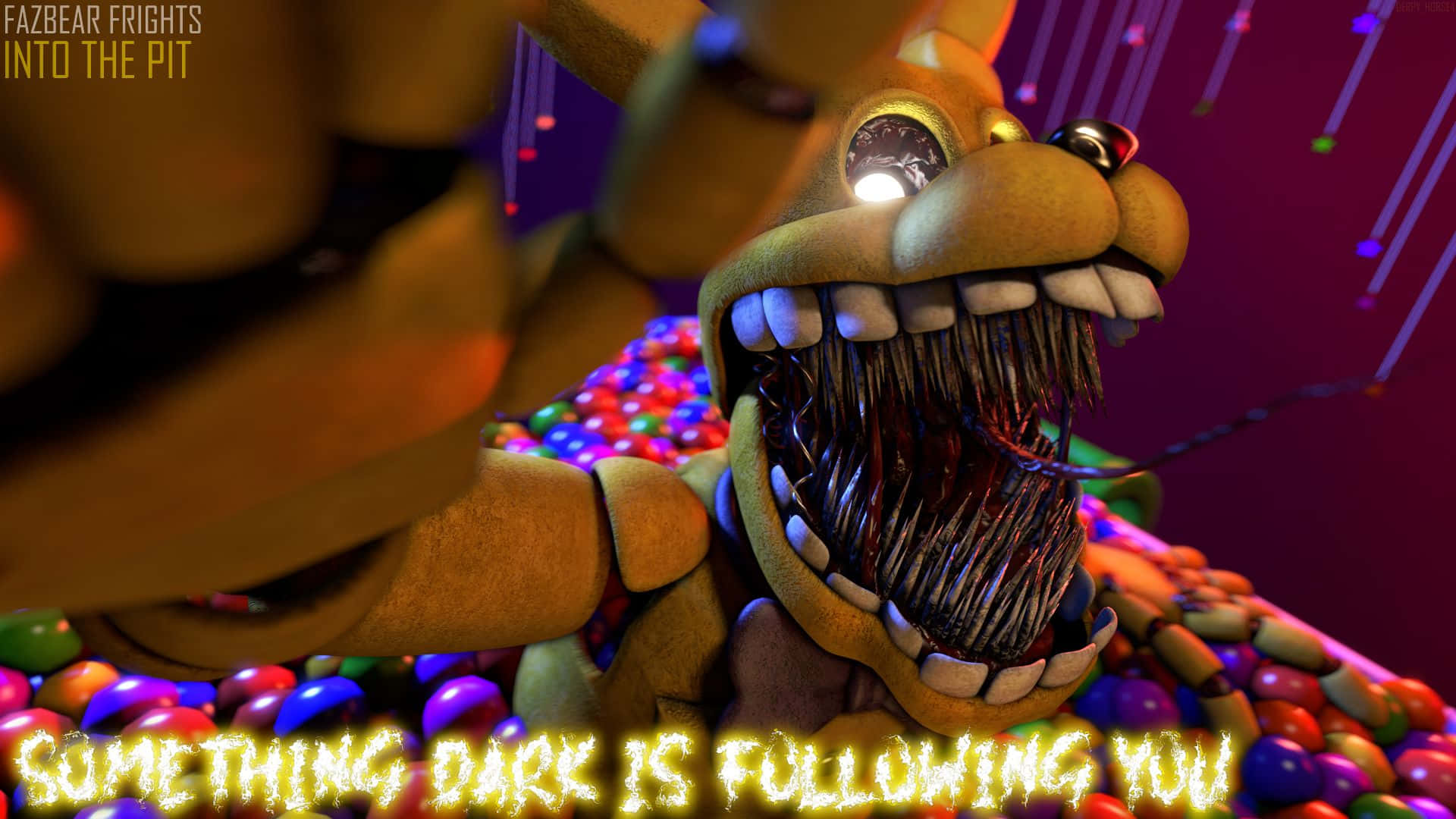 Fazbear Frights 桌布 壁紙 — 一隻帶有發光眼睛和鋒利牙齒的威脅性電子熊在霓虹燈下的糖果坑中潛伏。