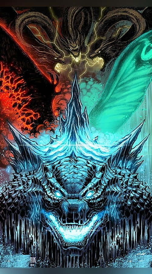 Godzilla Comic 桌布 壁紙 — 一隻帶有發光眼睛和鋸齒狀角的威脅性藍色冰龍，面對著上方一條火紅色的龍，周圍環繞著閃電和旋轉的能量。