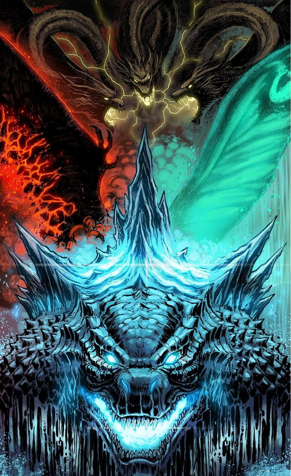 Godzilla Art 桌布 壁紙 — 一隻帶有發光眼睛和鋸齒狀角的威脅性藍色冰龍，面對著一隻翅膀周圍有閃電噼啪作響的熾熱紅龍。