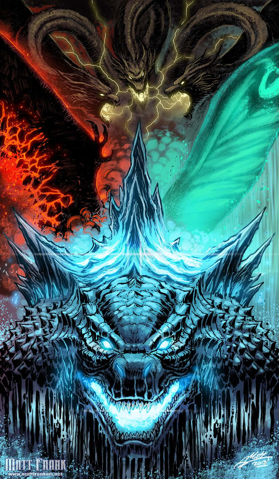 mothra 桌布 壁紙 — 一隻帶有發光眼睛和鋸齒狀角的威脅性藍色冰龍，面對著一個帶有閃電的熾熱紅色惡魔生物。