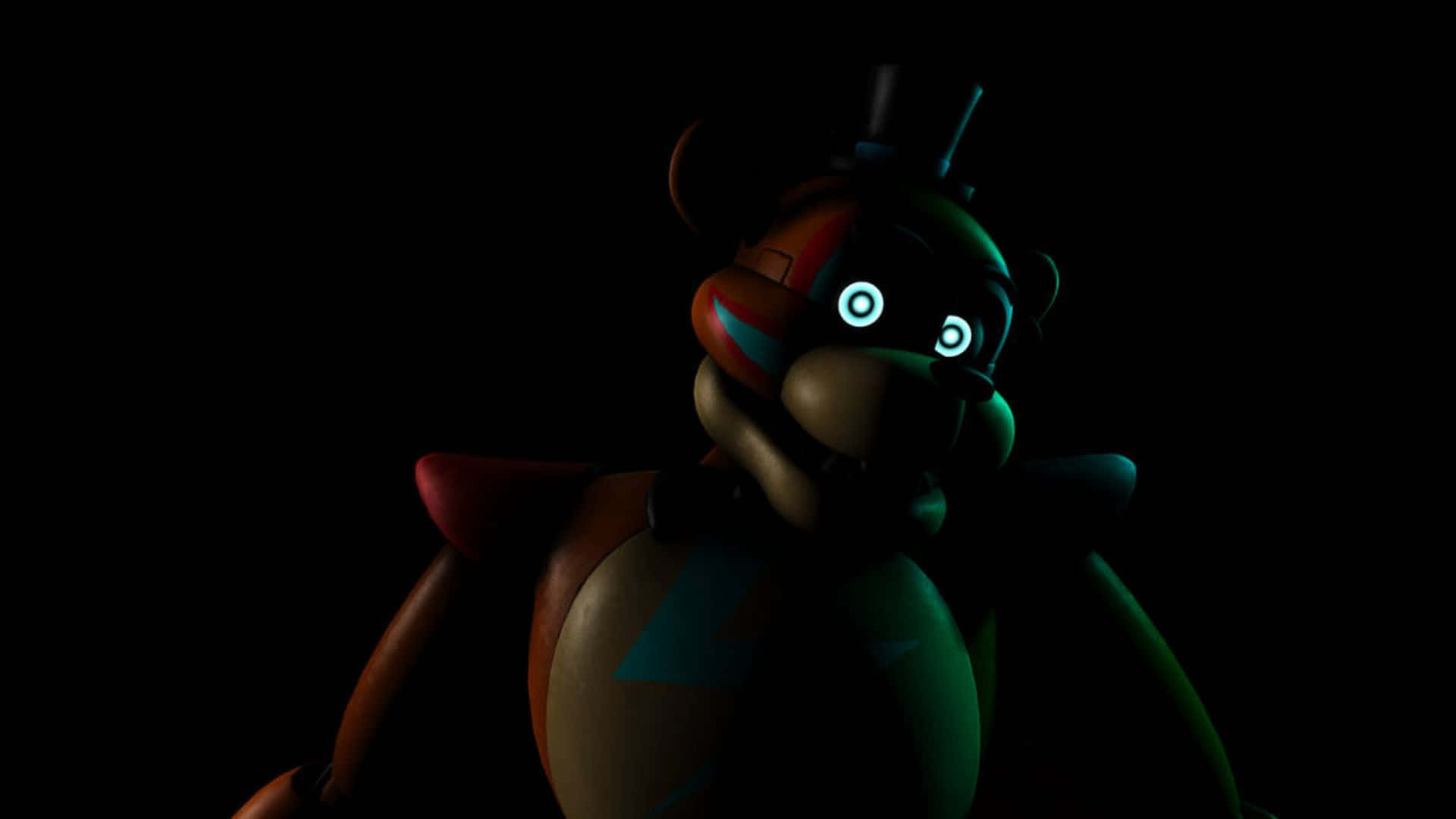 Fnaf Jumpscare 桌布 壁紙 — 一隻帶有發光眼睛和高帽的威脅性電子熊從黑暗中凝視。