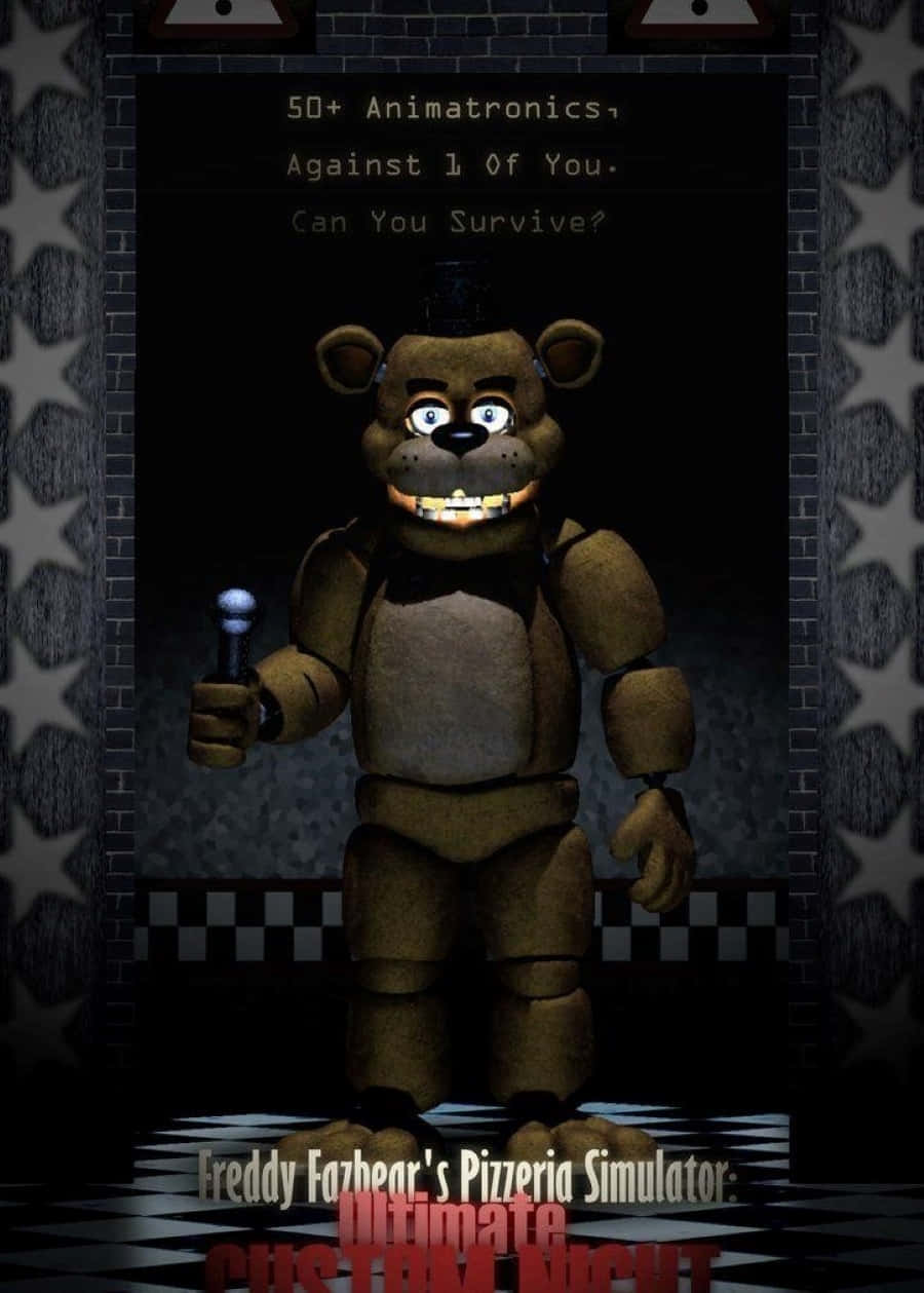 Ultimate Custom Night 桌布 壁紙 — 一隻帶有發光眼睛和麥克風的恐怖機械熊，站在黑暗的披薩店門口，地板是格子圖案，牆壁是星星圖案。