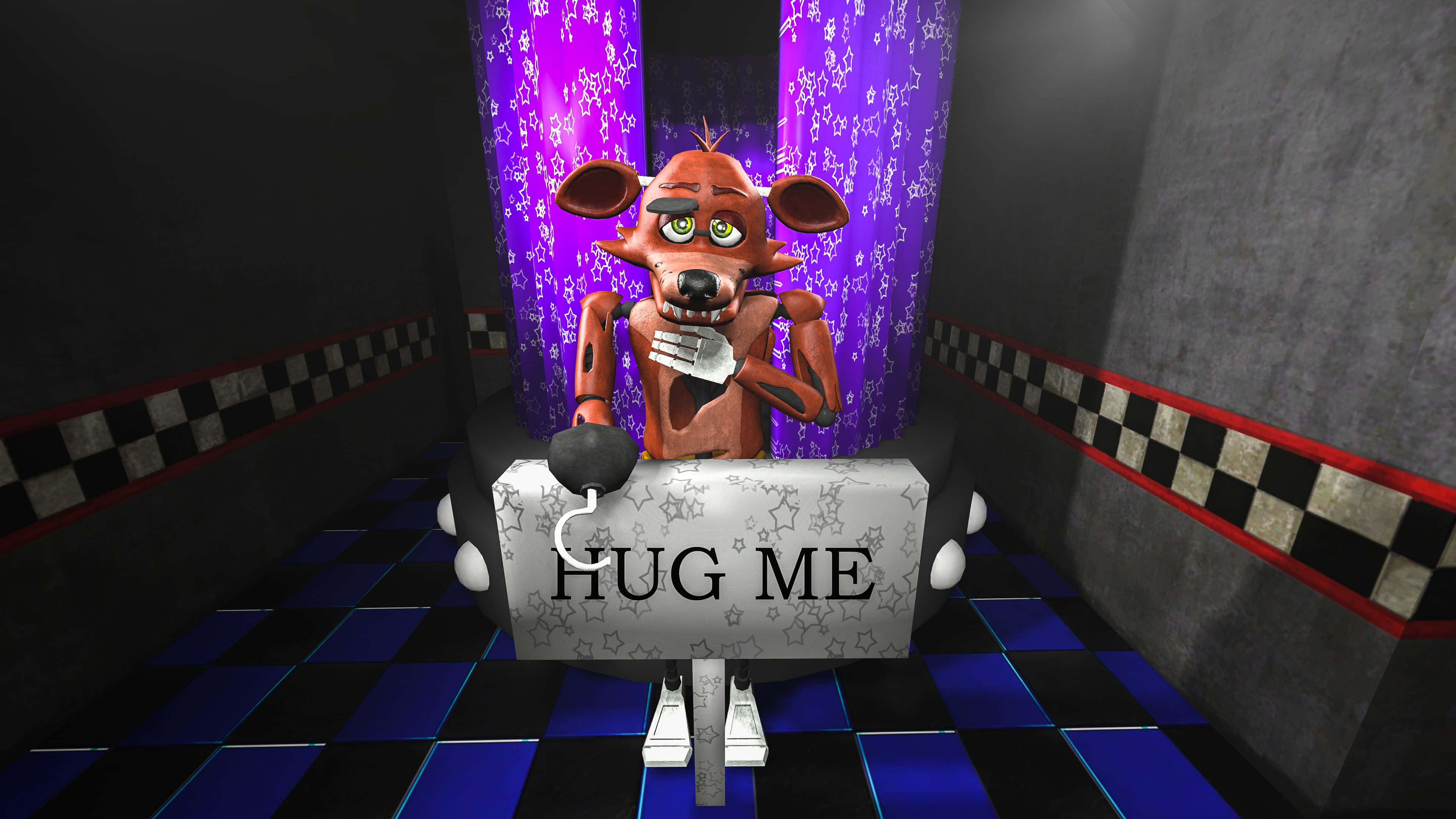 Foxy 桌布 壁紙 — 一隻帶有發光眼睛的可怕電子狐狸坐在昏暗的房間裡，房間裡有紫色星星窗簾和格子地板，後面有一個「HUG ME」標誌。